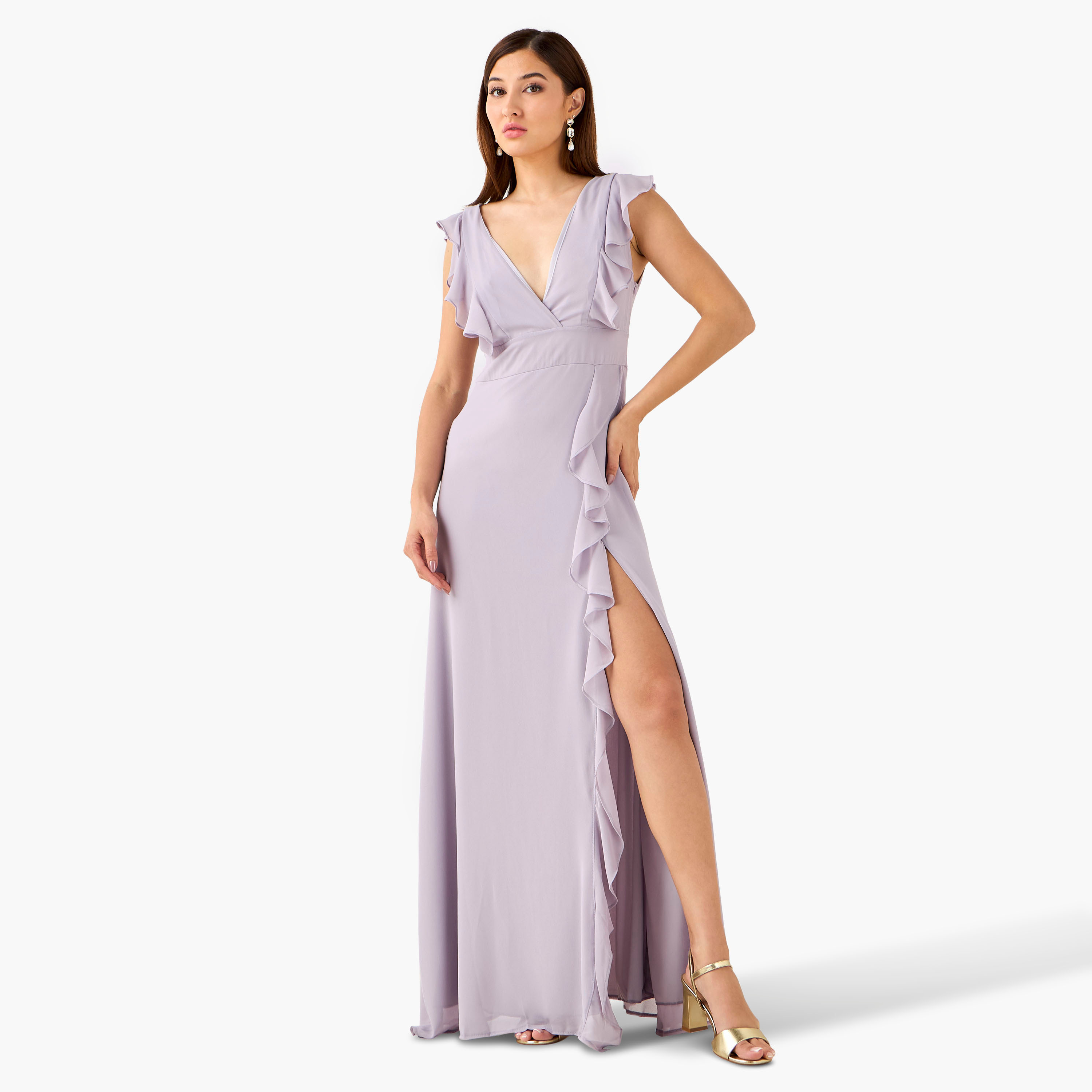 TFNC Ruffled Maxi Polyester Dress with Slit-women-clothing-dresses-image-1