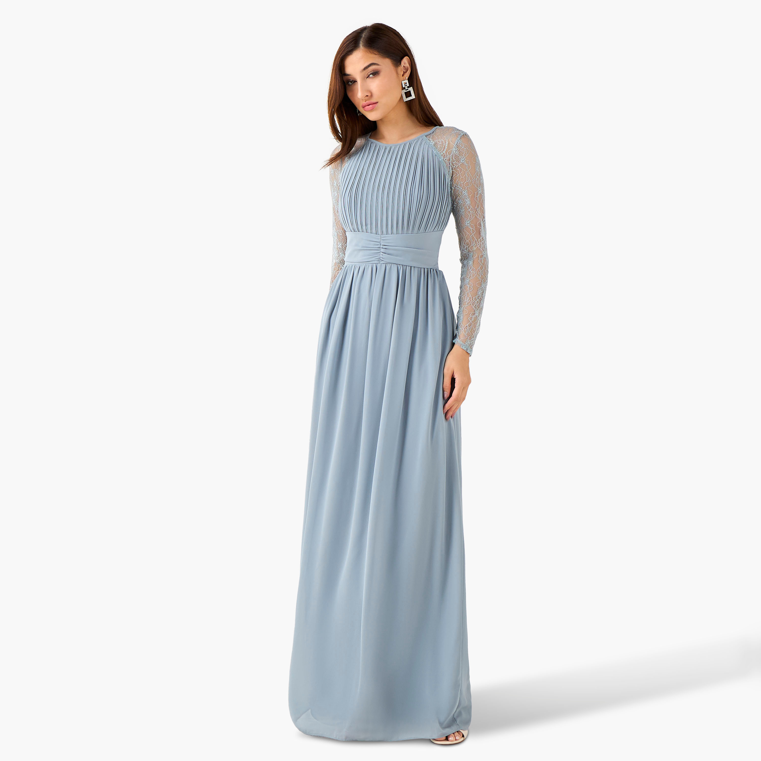 TFNC Pleated Maxi Polyester Dress with Tie-Ups-women-clothing-dresses-image-1