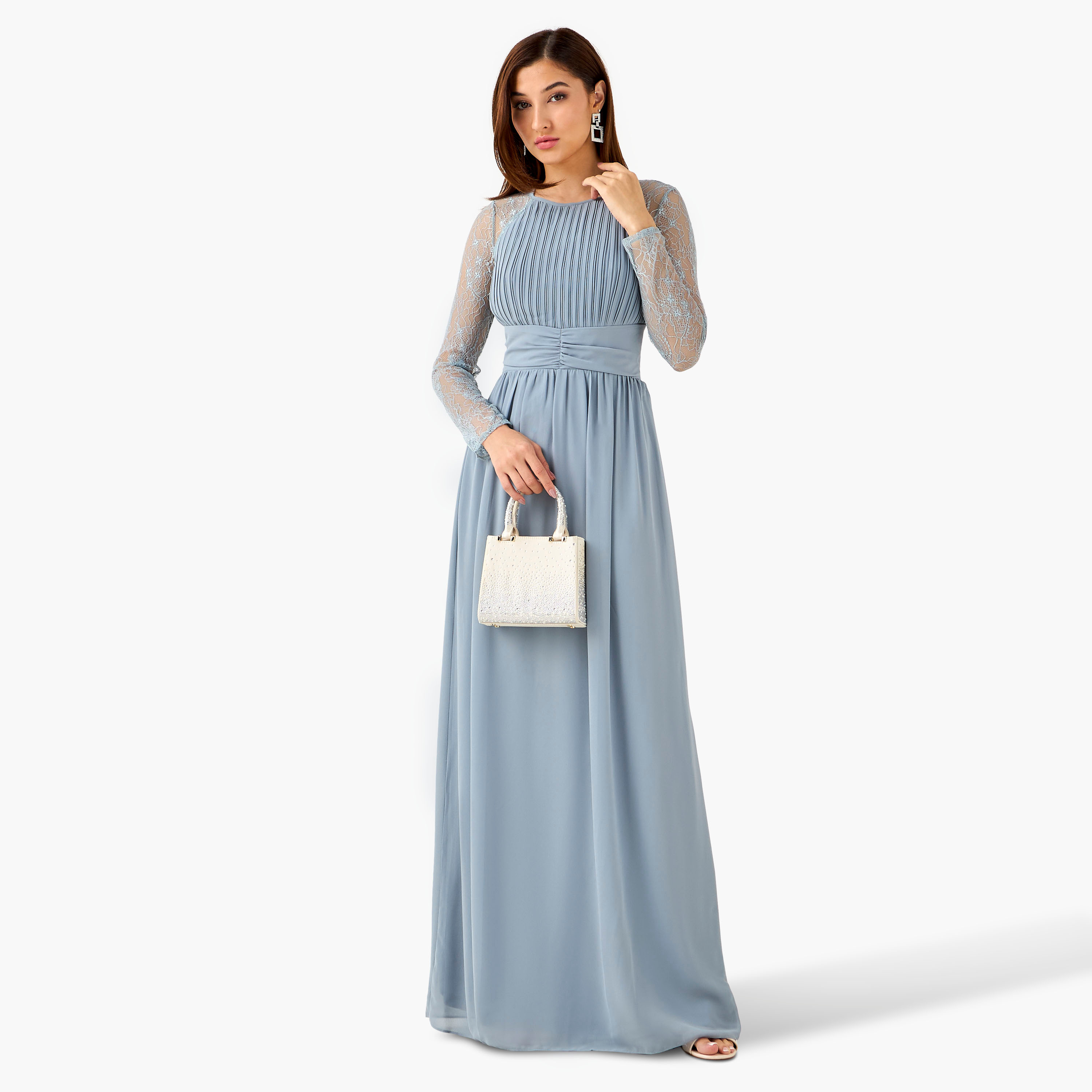 TFNC Pleated Maxi Polyester Dress with Tie-Ups-women-clothing-dresses-image-2