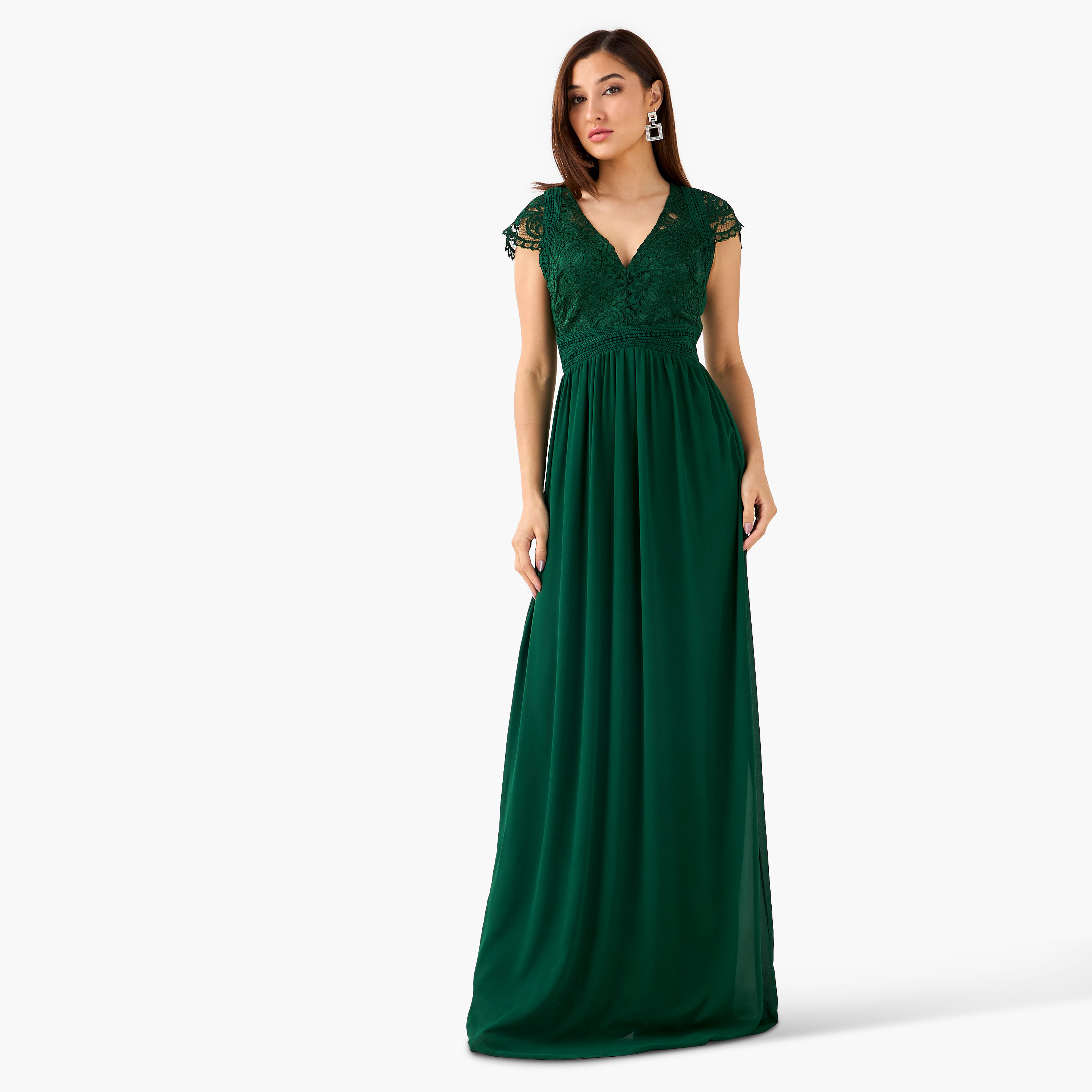 TFNC Pleated Maxi Polyester Dress with V-neck-women-clothing-dresses-image-1