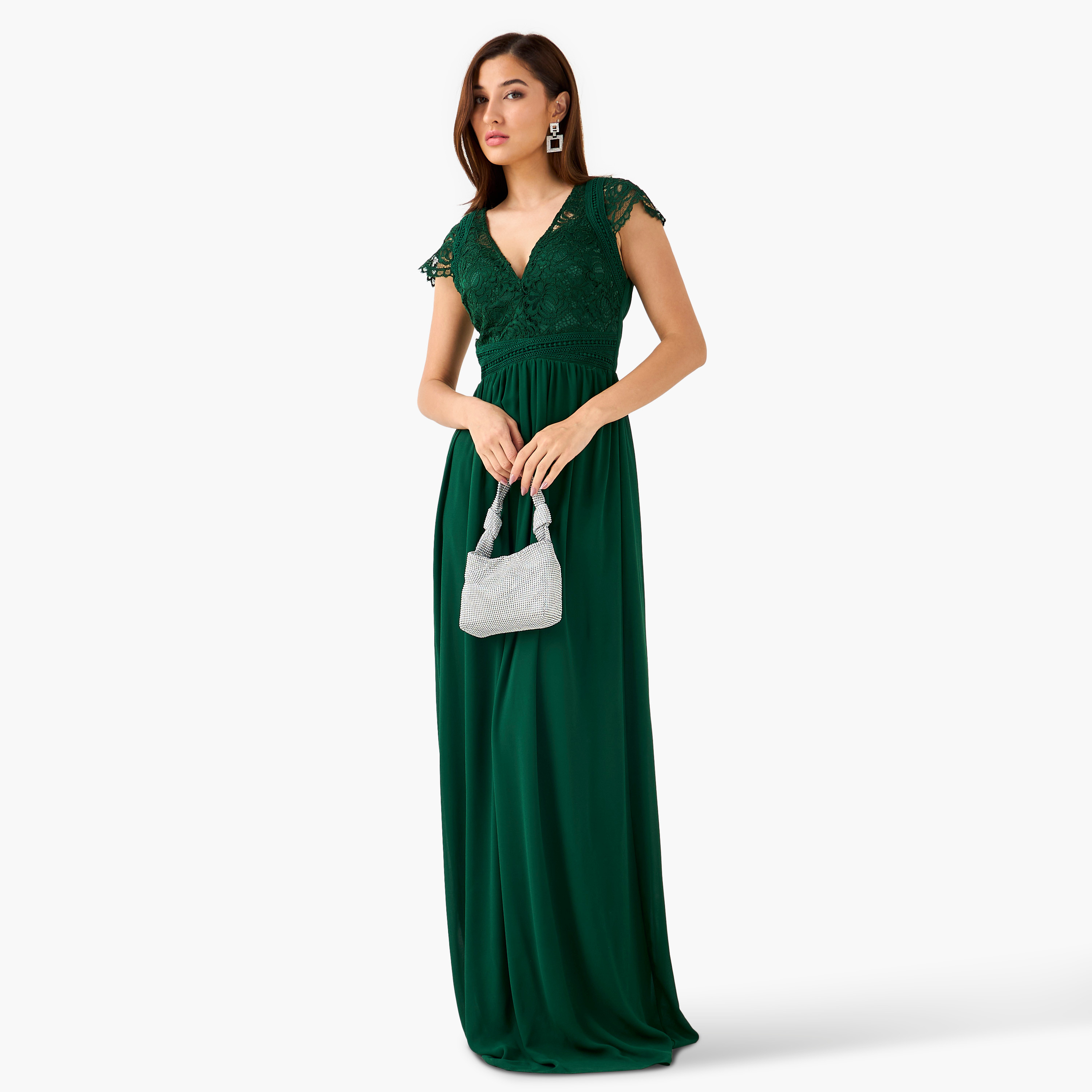 TFNC Pleated Maxi Polyester Dress with V-neck-women-clothing-dresses-image-2
