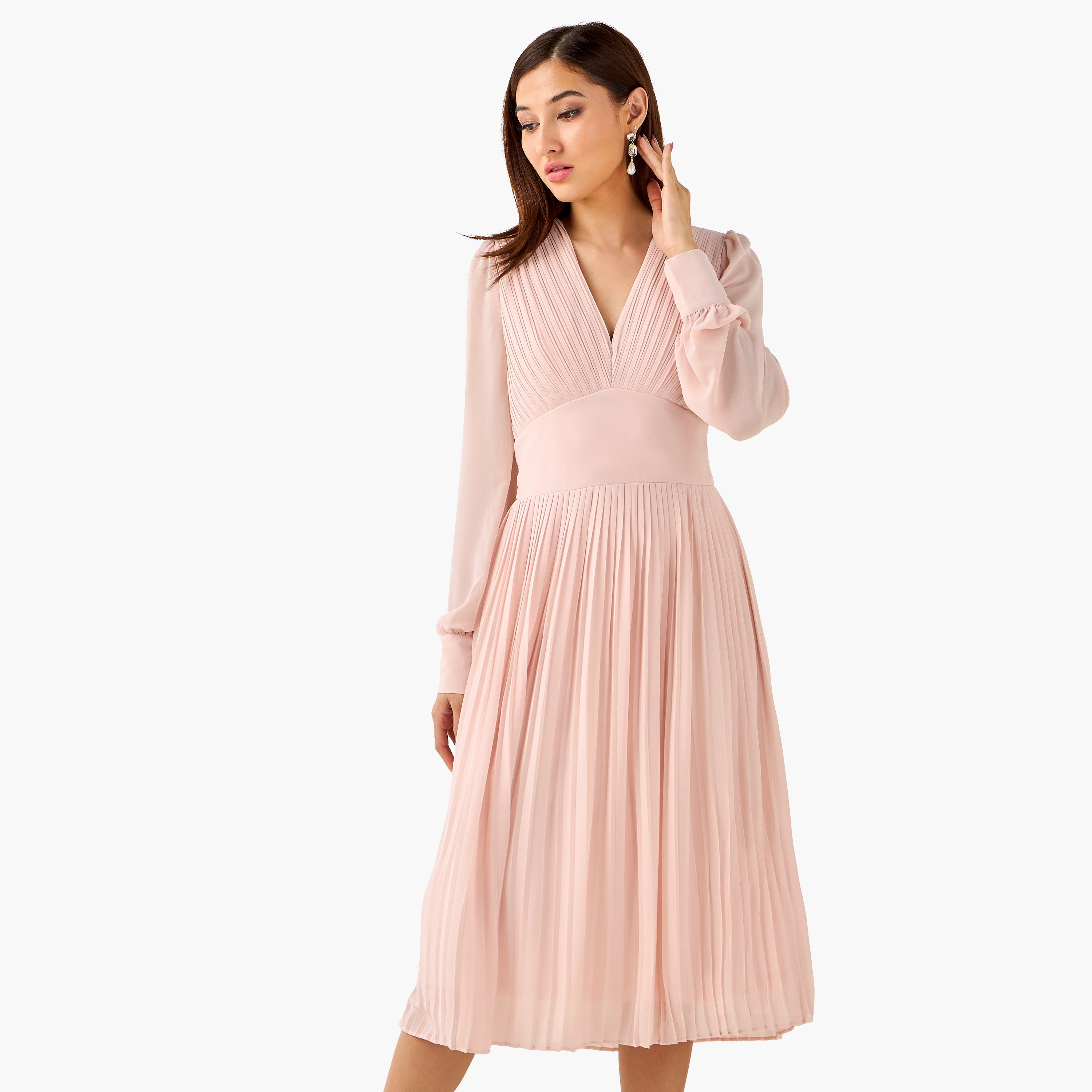 فستان ميدي بوليستر بكسرات وحزام ربط من تي إف إن سي-women-clothing-dresses-image-1