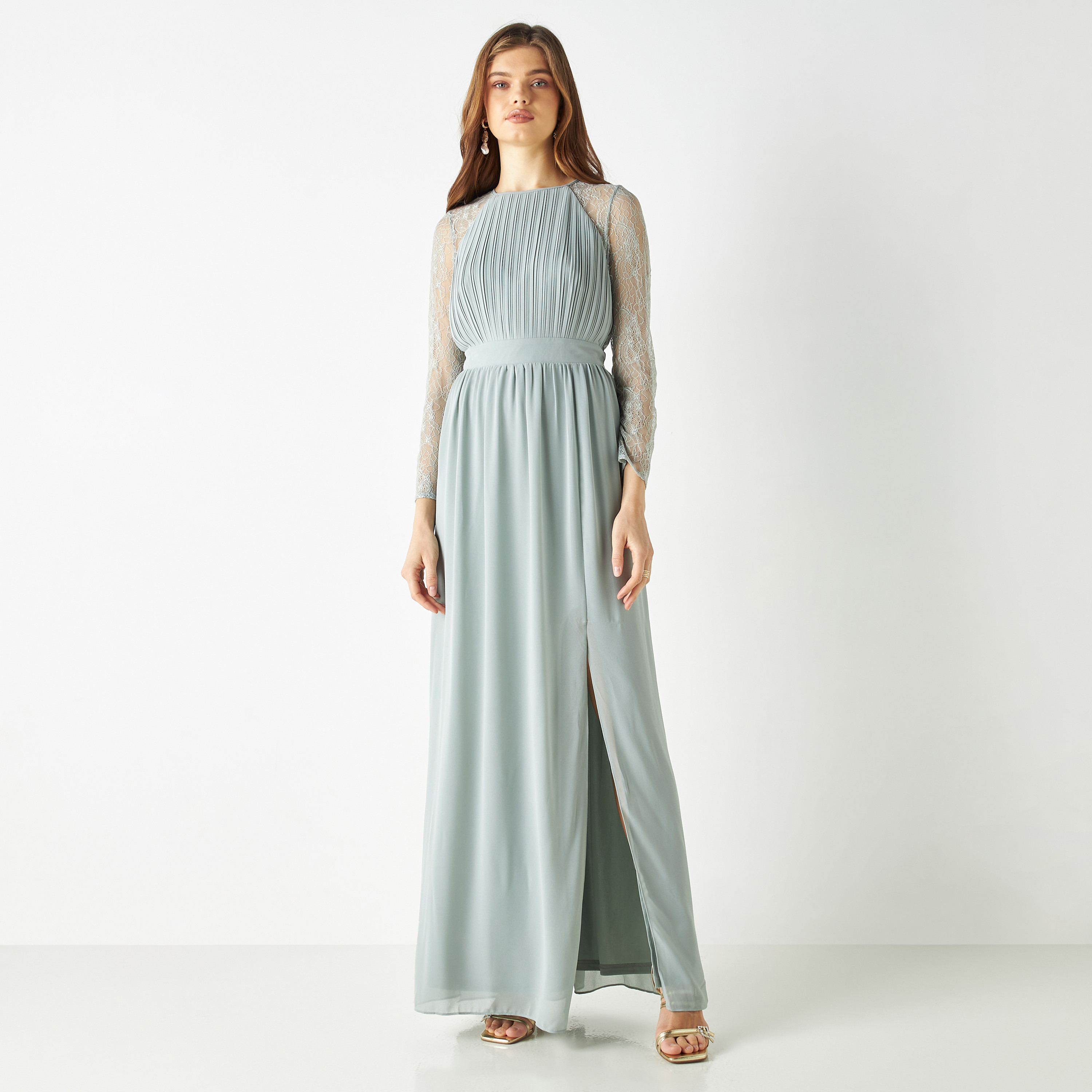  فستان ماكسي بفتحة مطوية مع دانتيل برقبة دائرية من تي اف ان سي-women-clothing-dresses-image-1