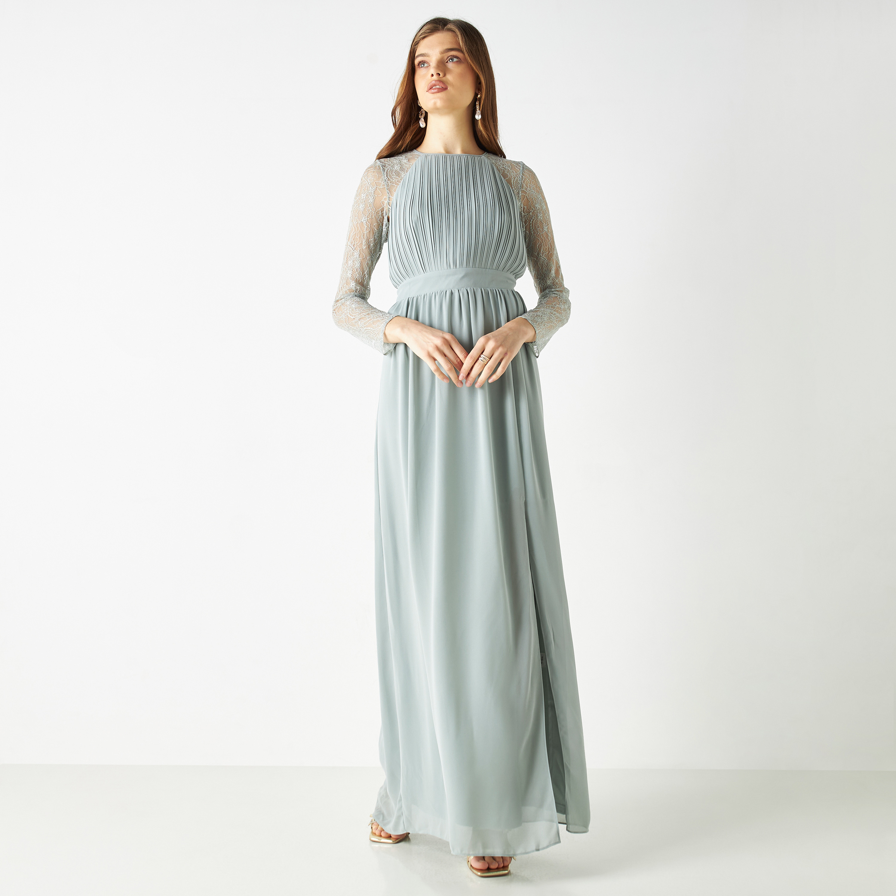  فستان ماكسي بفتحة مطوية مع دانتيل برقبة دائرية من تي اف ان سي-women-clothing-dresses-image-2