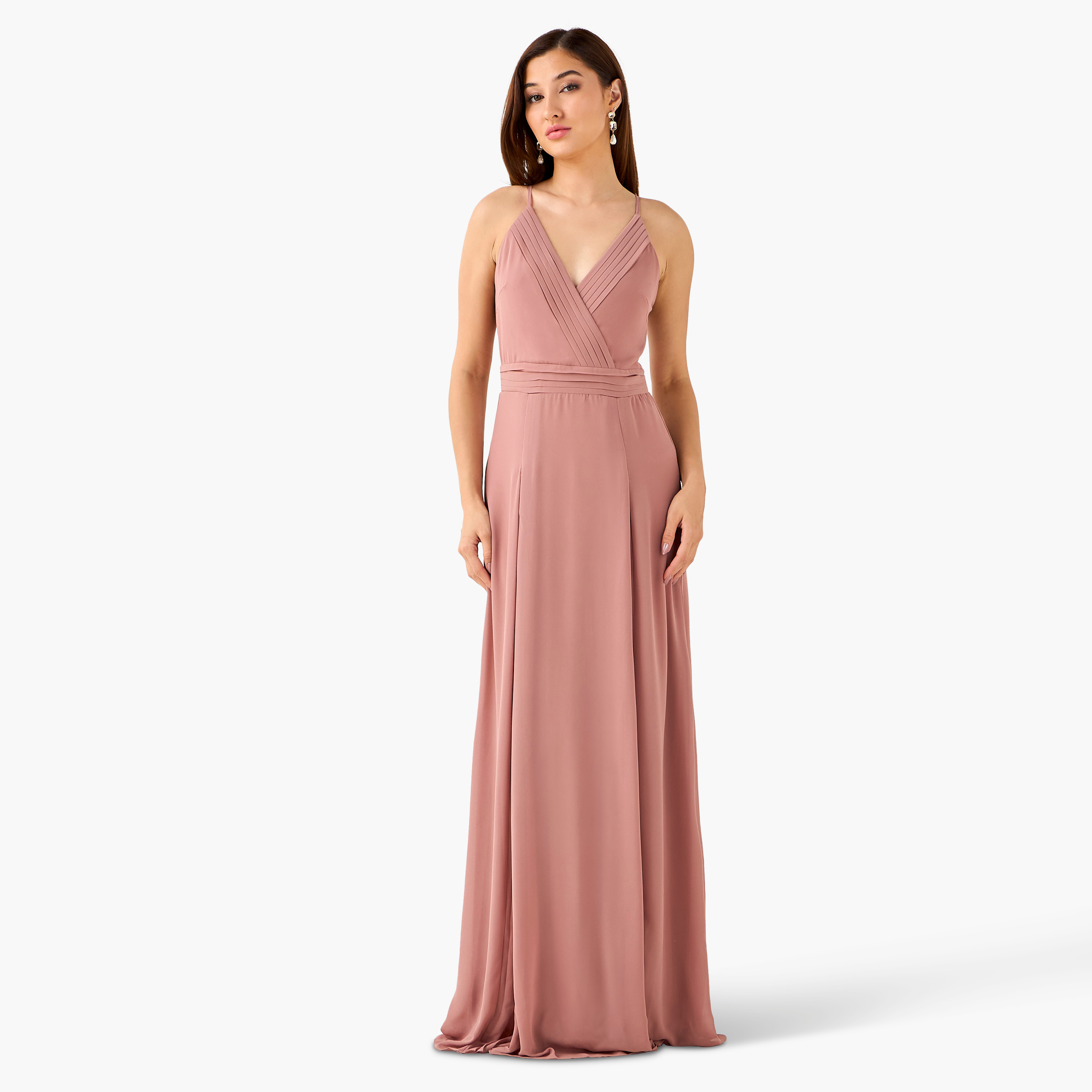 TFNC Pleated Maxi Polyester Dress with V-neck-women-clothing-dresses-image-1