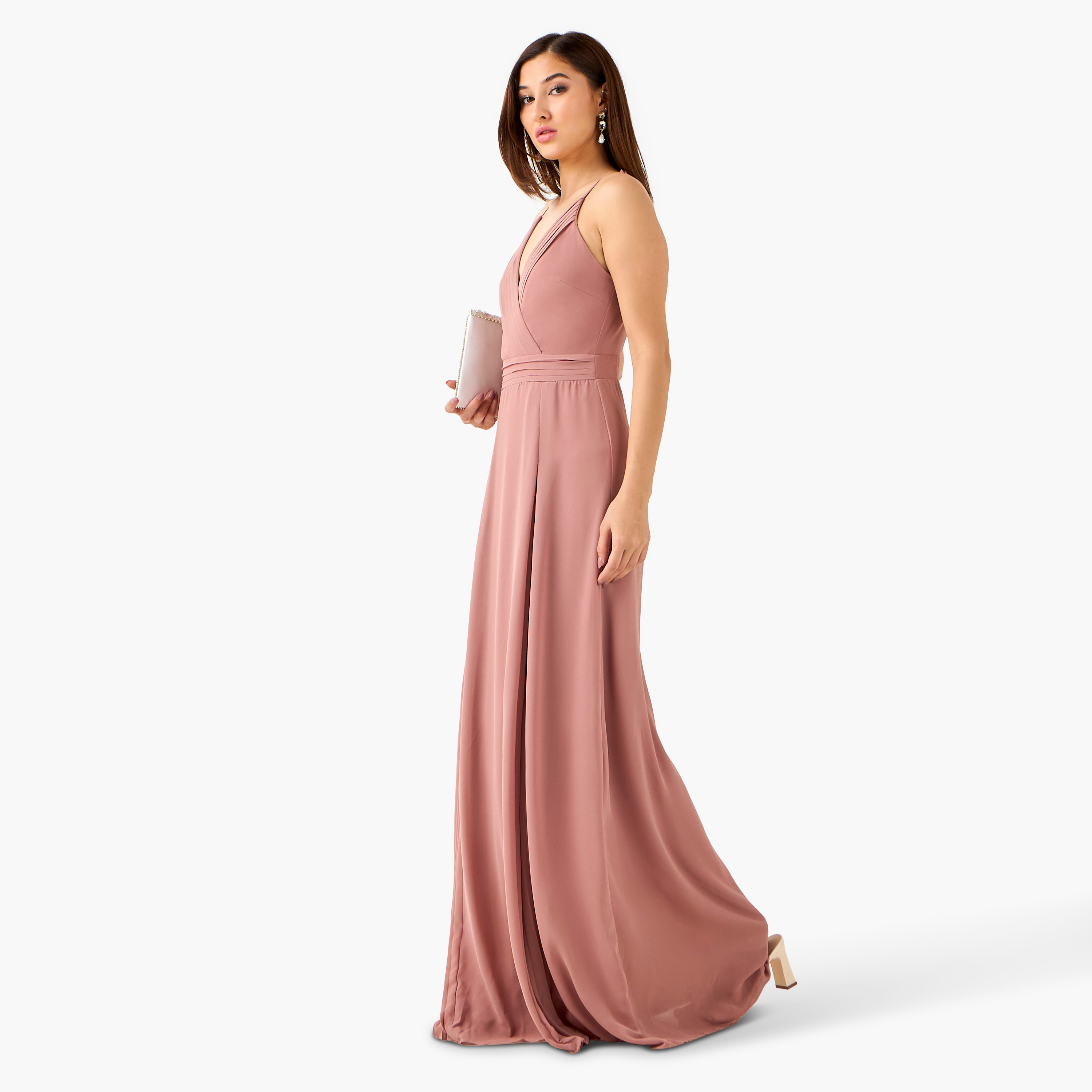 TFNC Pleated Maxi Polyester Dress with V-neck-women-clothing-dresses-image-2