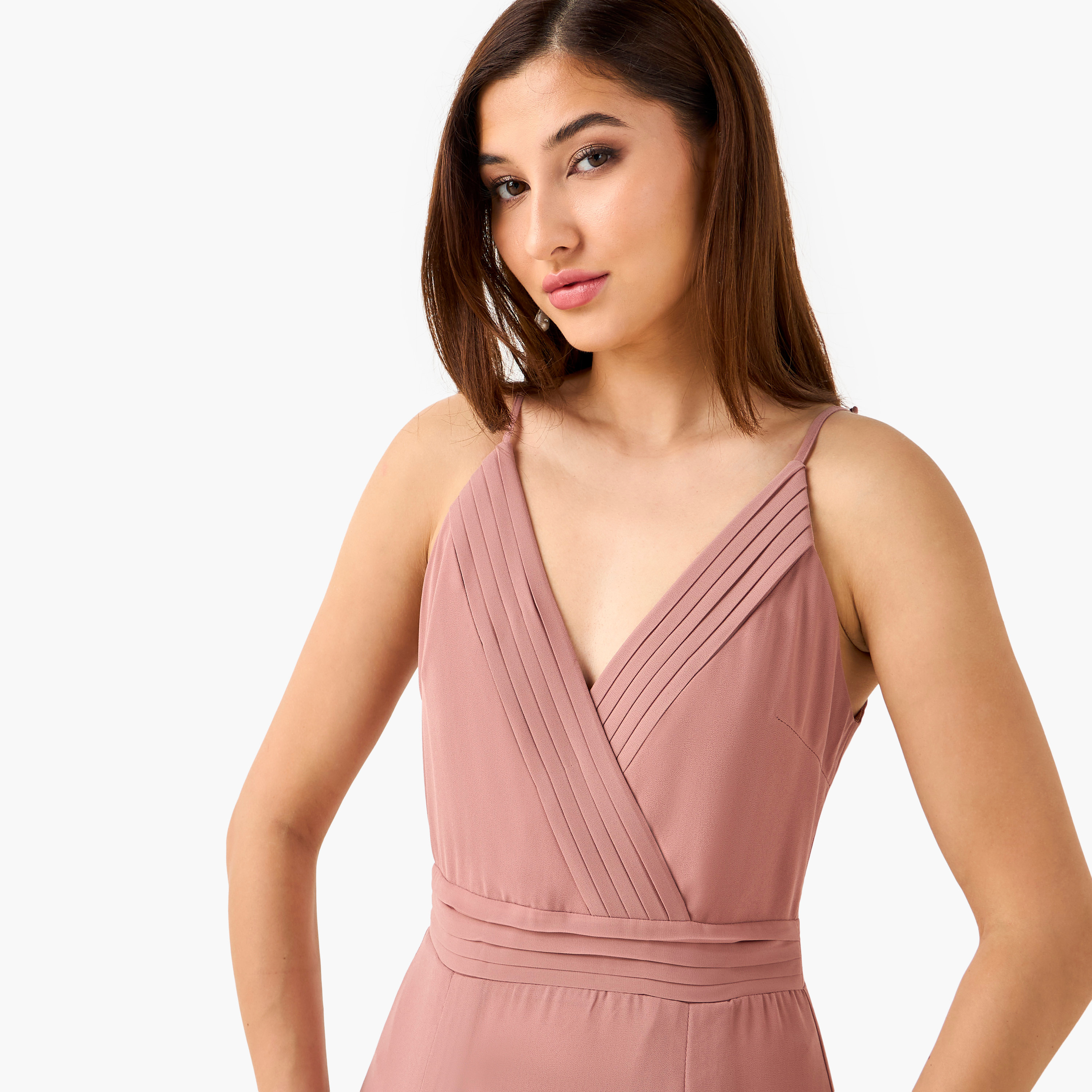 TFNC Pleated Maxi Polyester Dress with V-neck-women-clothing-dresses-image-4
