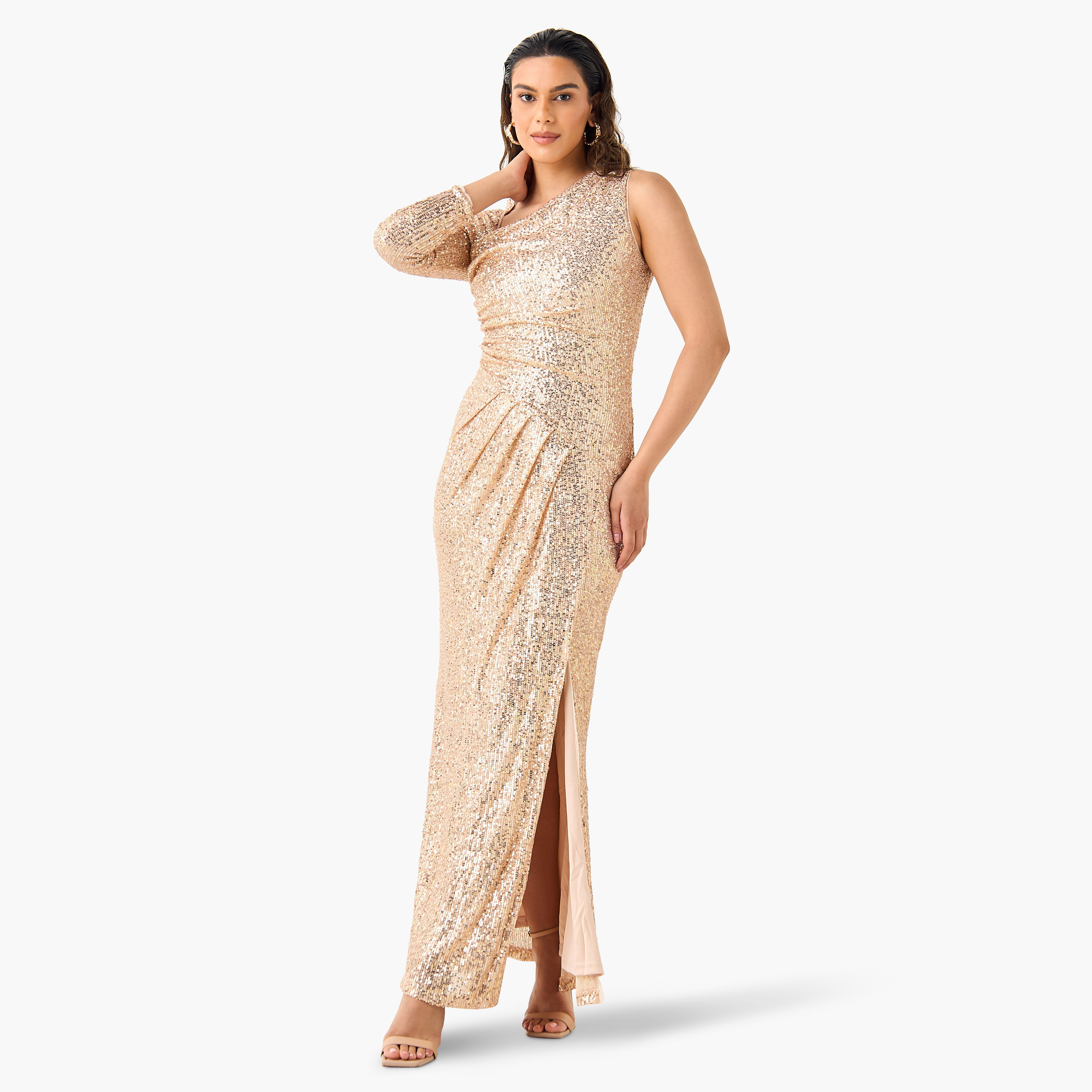 TFNC All-Over Embellished Asymmetric Neck Dress with Slit-women-clothing-dresses-image-1