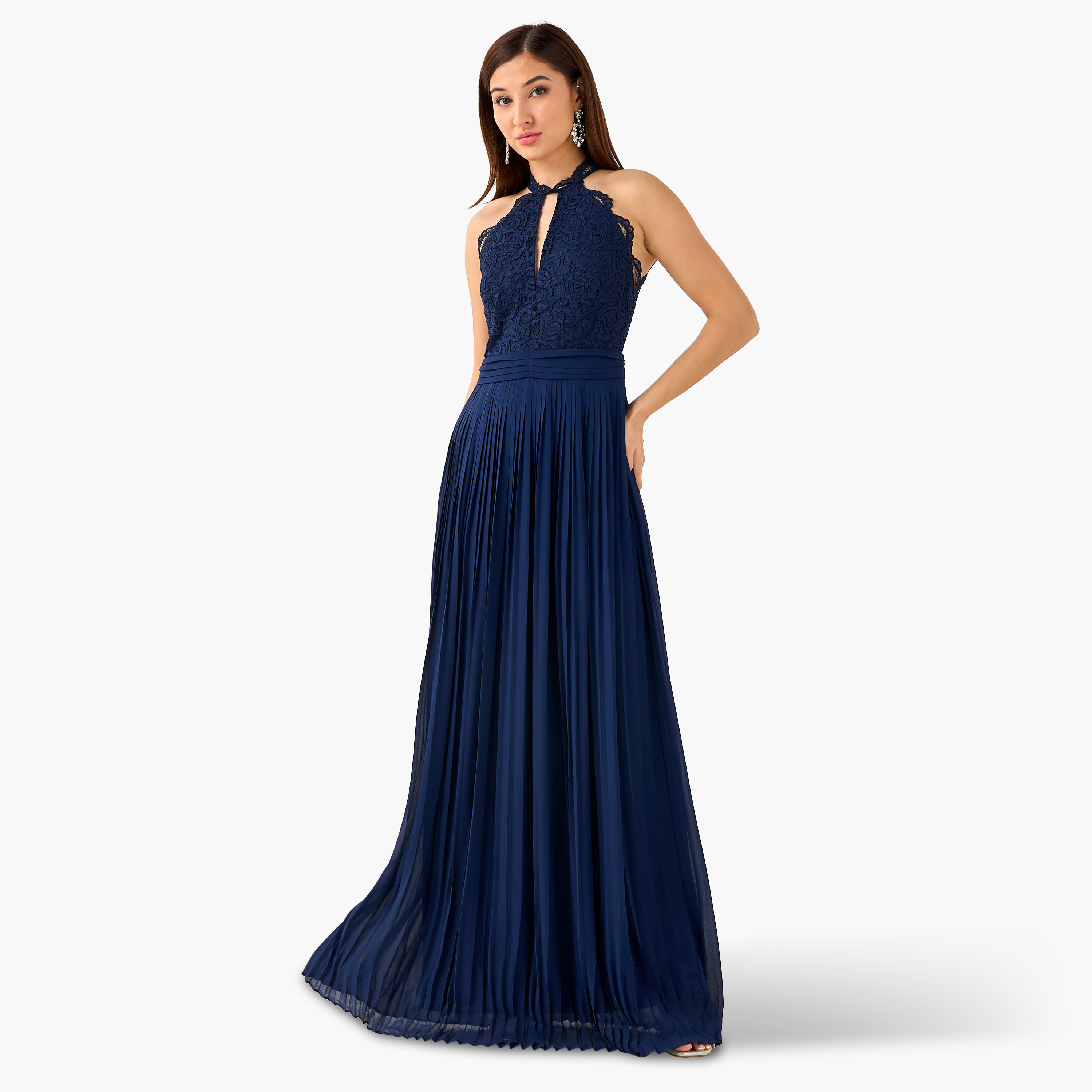 TFNC Pleated Maxi Polyester Dress with Halter Neck-women-clothing-dresses-image-1