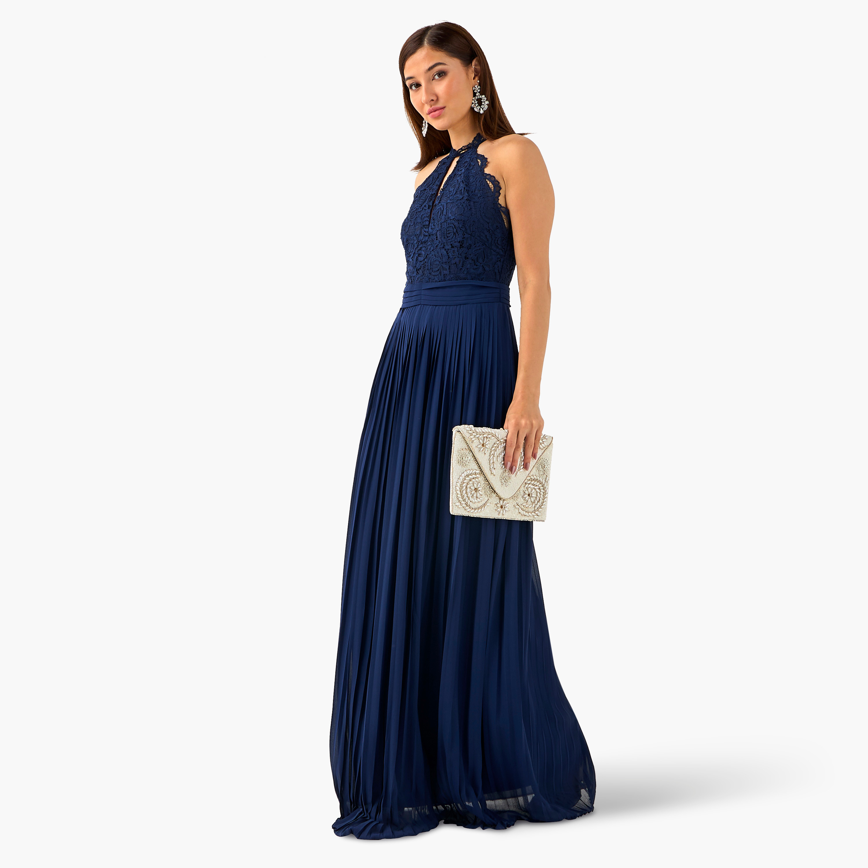 TFNC Pleated Maxi Polyester Dress with Halter Neck-women-clothing-dresses-image-2