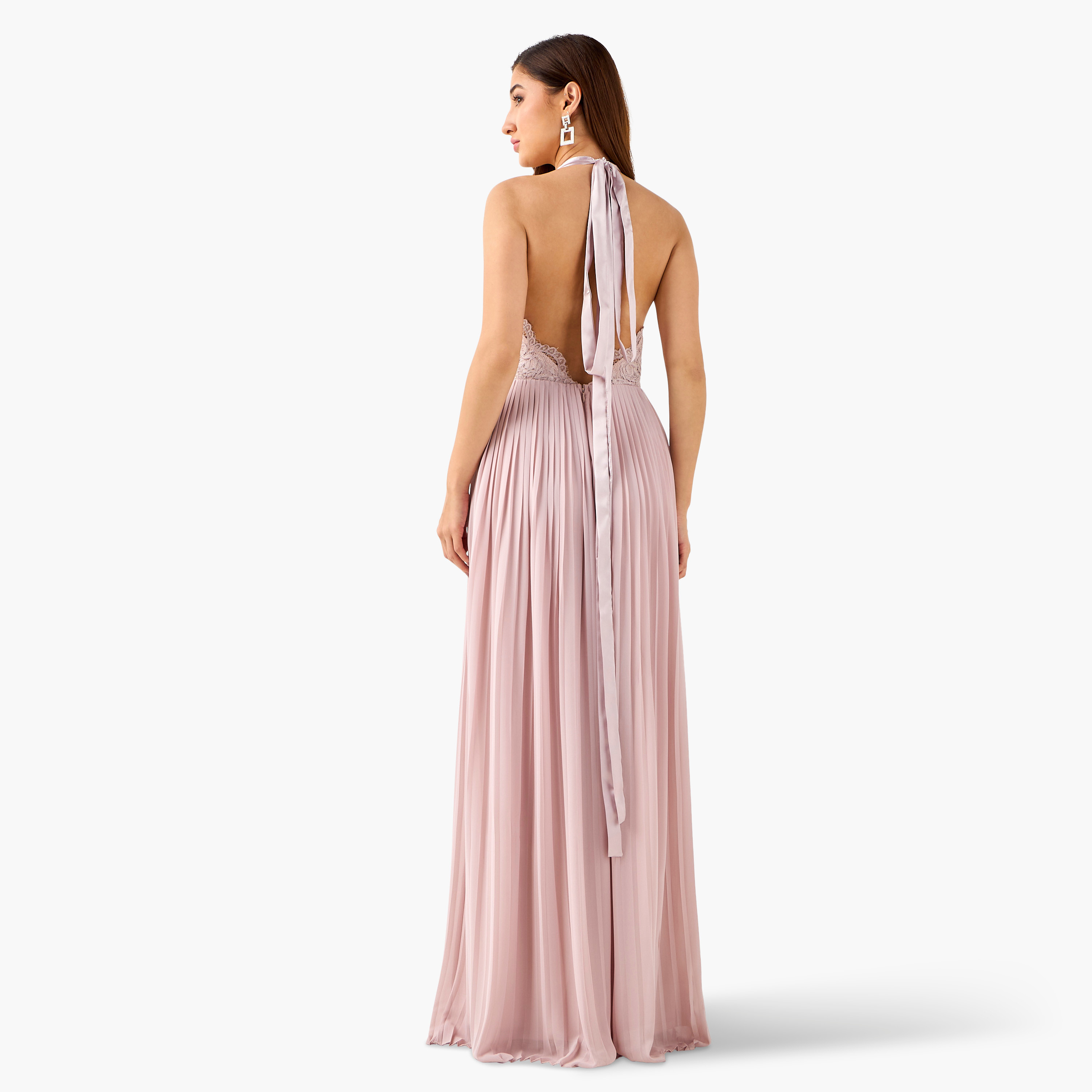 TFNC Pleated Maxi Polyester Dress with Halter Neck-women-clothing-dresses-image-3