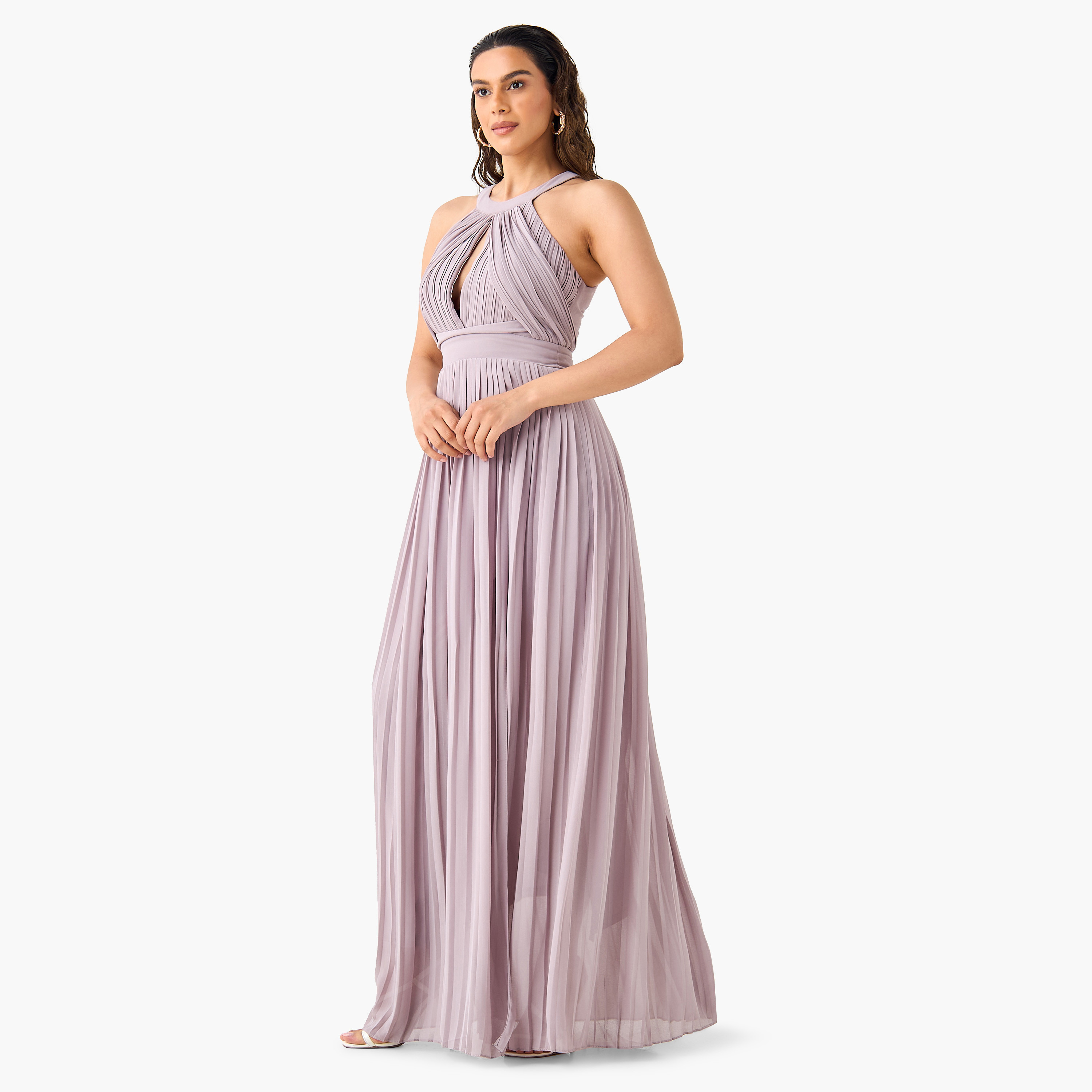 TFNC Lavender Halter Neck Pleated Women's Maxi Evening Dress-women-clothing-dresses-image-3