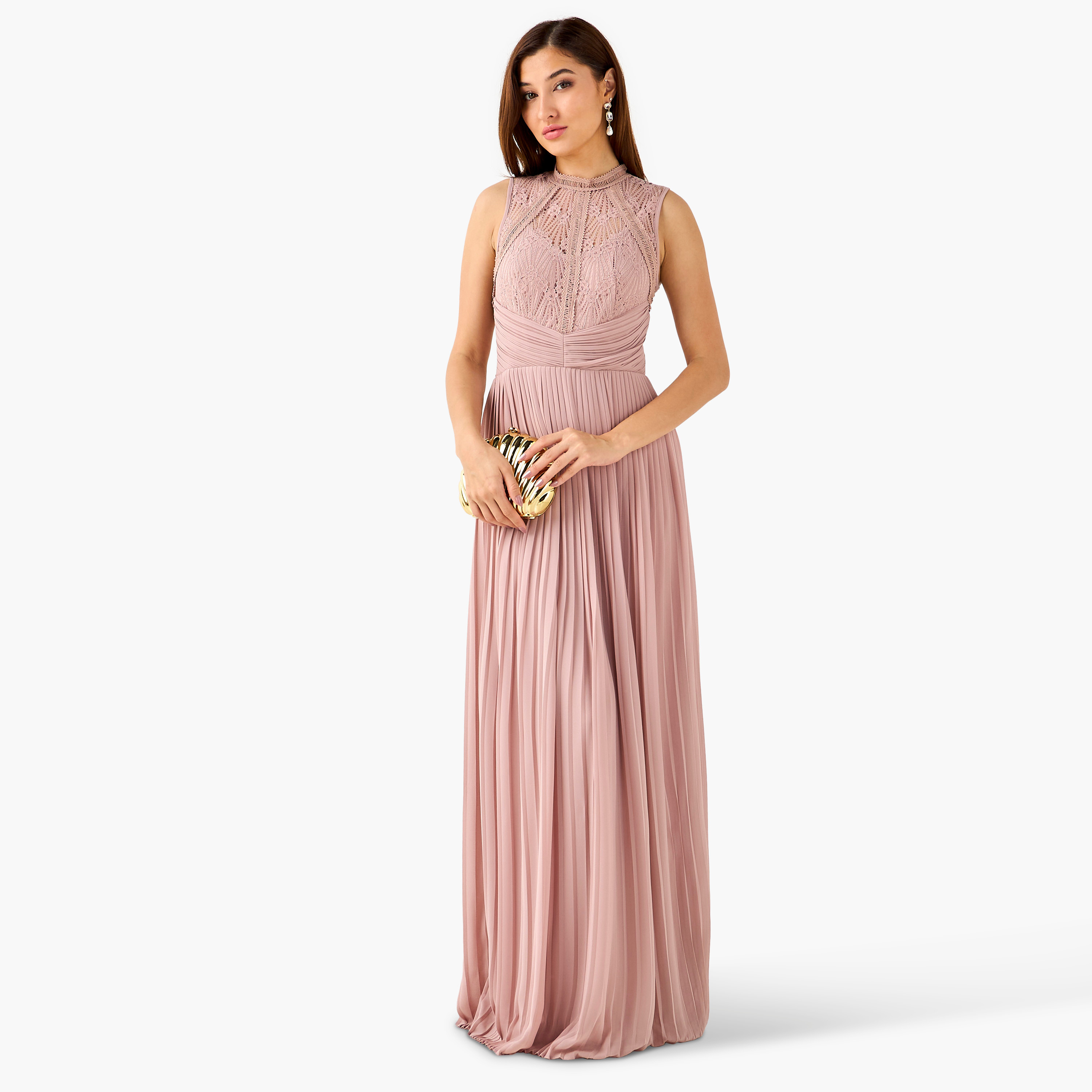 TFNC Pleated Maxi Polyester Dress with High Neck-women-clothing-dresses-image-1