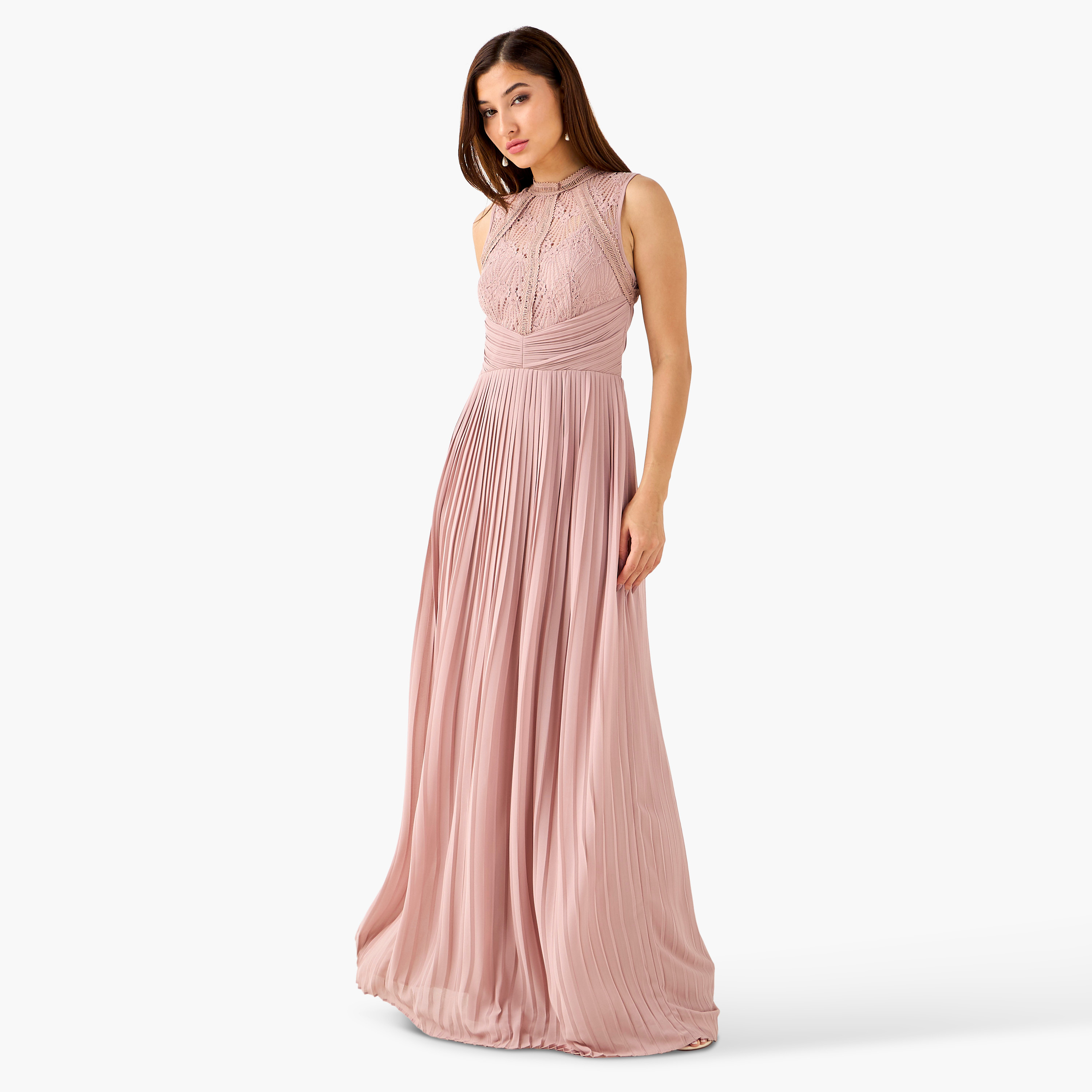 TFNC Pleated Maxi Polyester Dress with High Neck-women-clothing-dresses-image-2