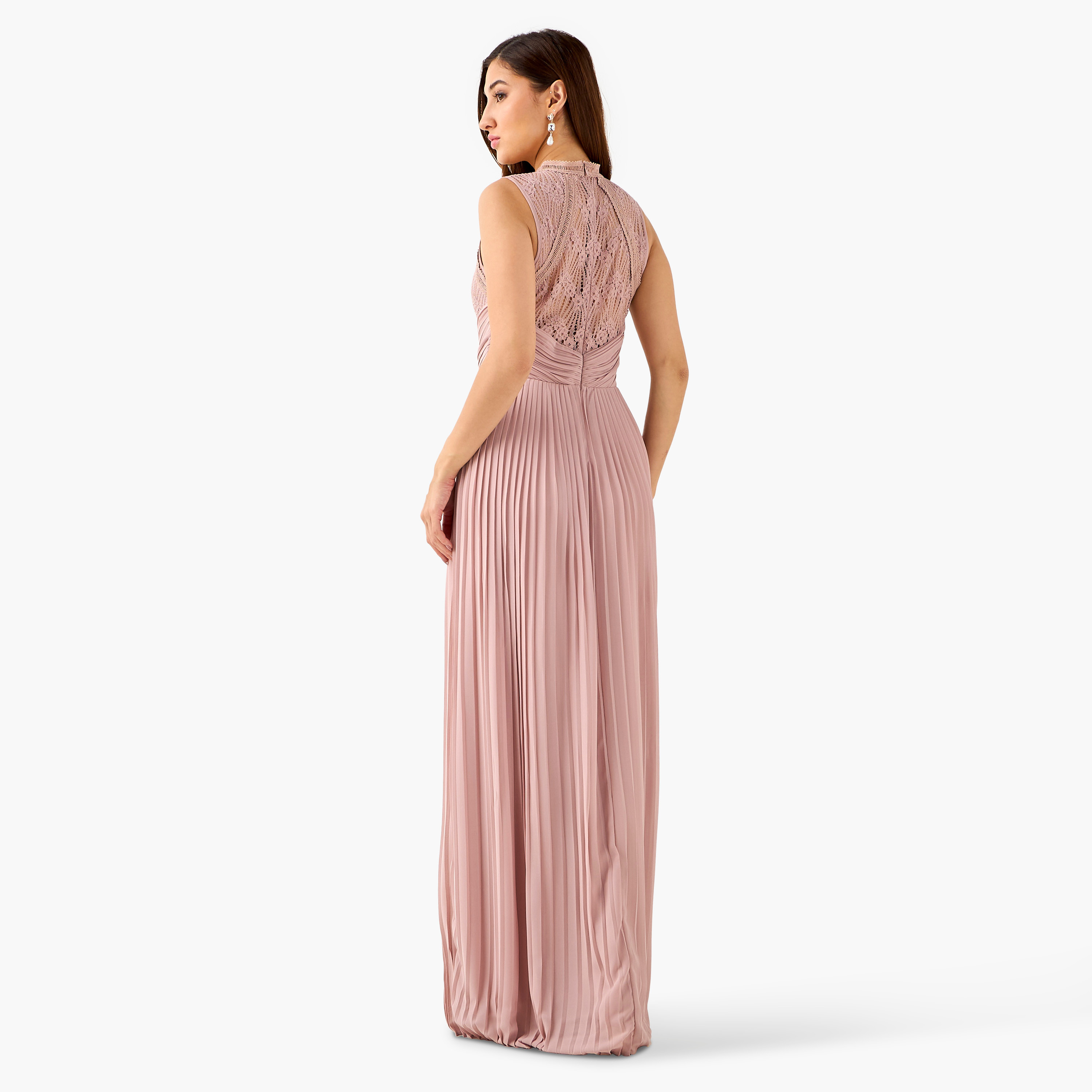TFNC Pleated Maxi Polyester Dress with High Neck-women-clothing-dresses-image-3