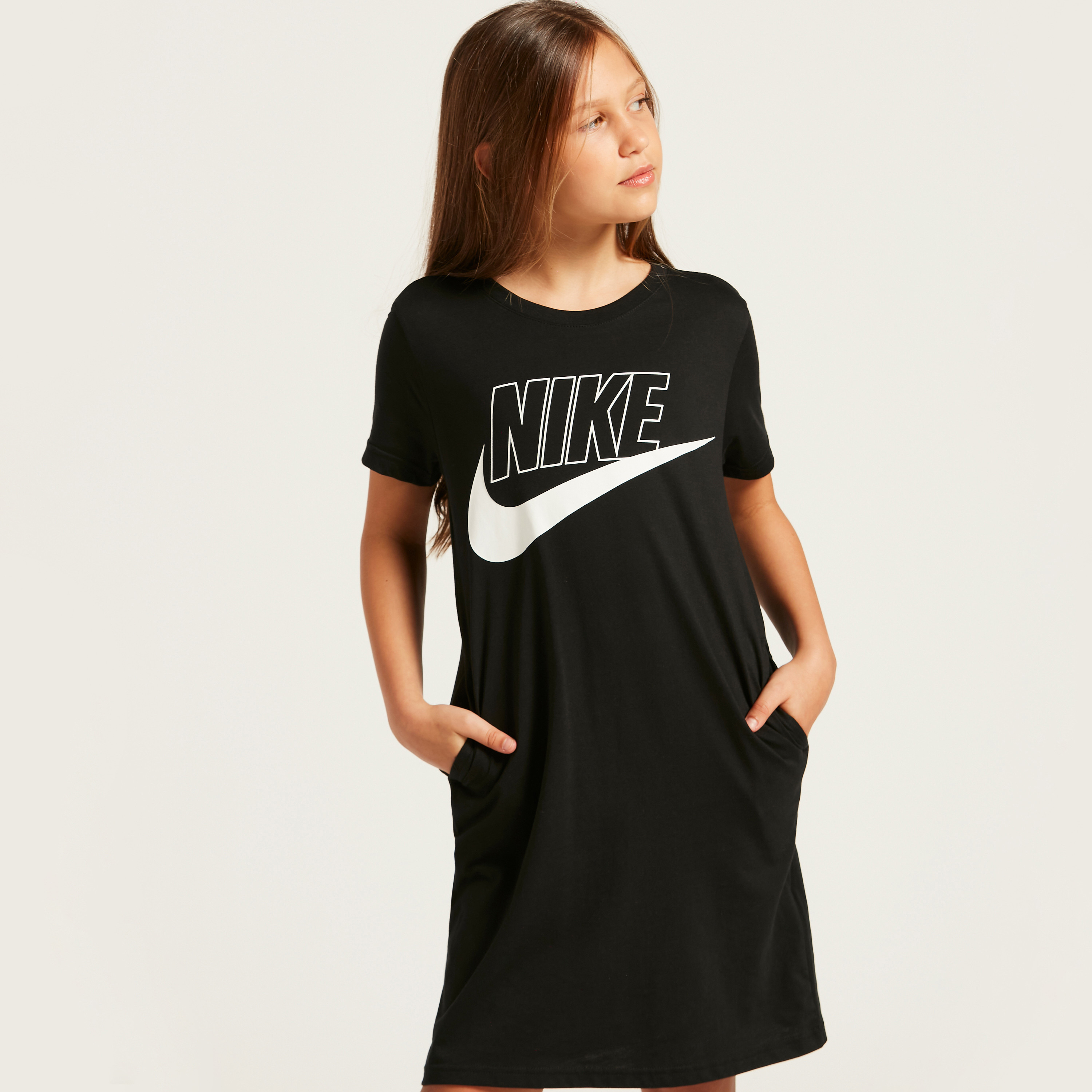 Nike Logo Print Dress with Short Sleeves and Pocket Detail