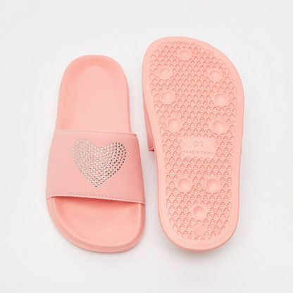 Heart Embellished Slip-On Slide Slippers