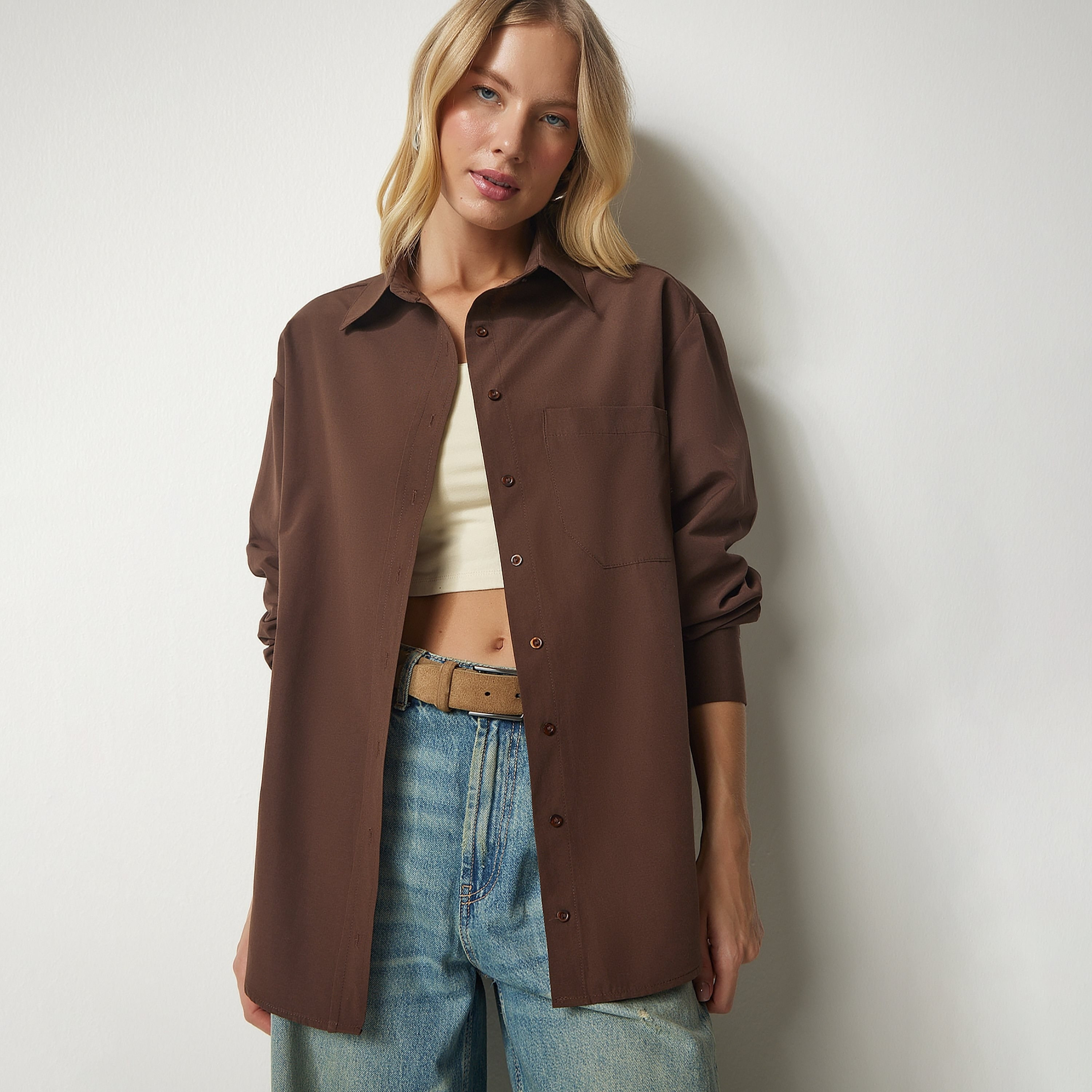 السعادة إسطنبول بياقة أكمام منخفضة قميص نسائي بني من بوبلين-women-clothing-shirtsandblouses-shirts-image-2