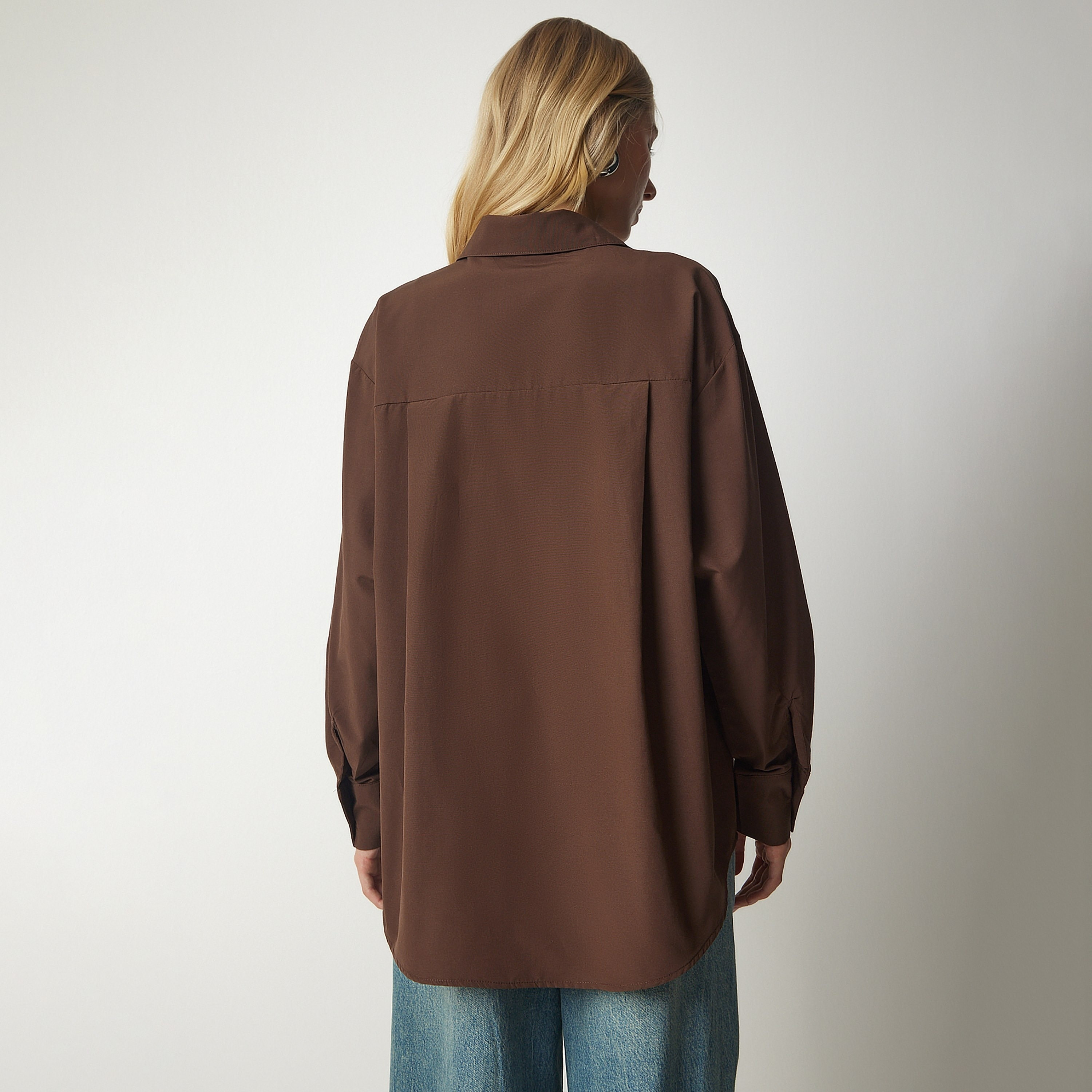 السعادة إسطنبول بياقة أكمام منخفضة قميص نسائي بني من بوبلين-women-clothing-shirtsandblouses-shirts-image-4