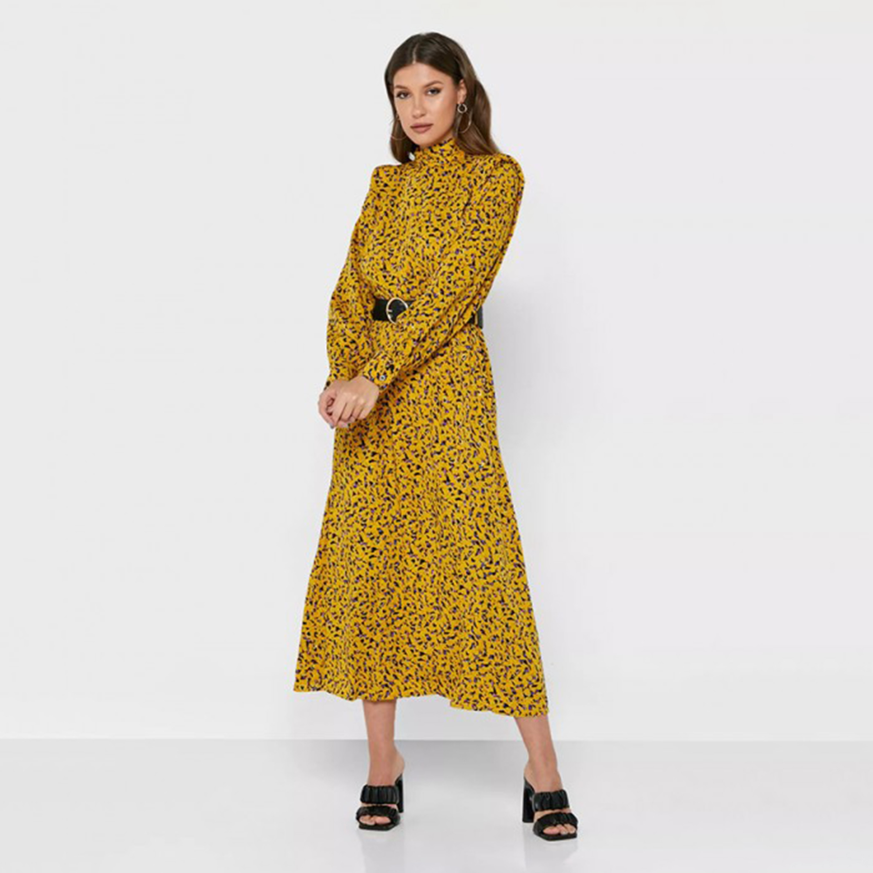 Buy Women s Little Mistress Yellow High Neck Belted Midi Dress Online Centrepoint KSA