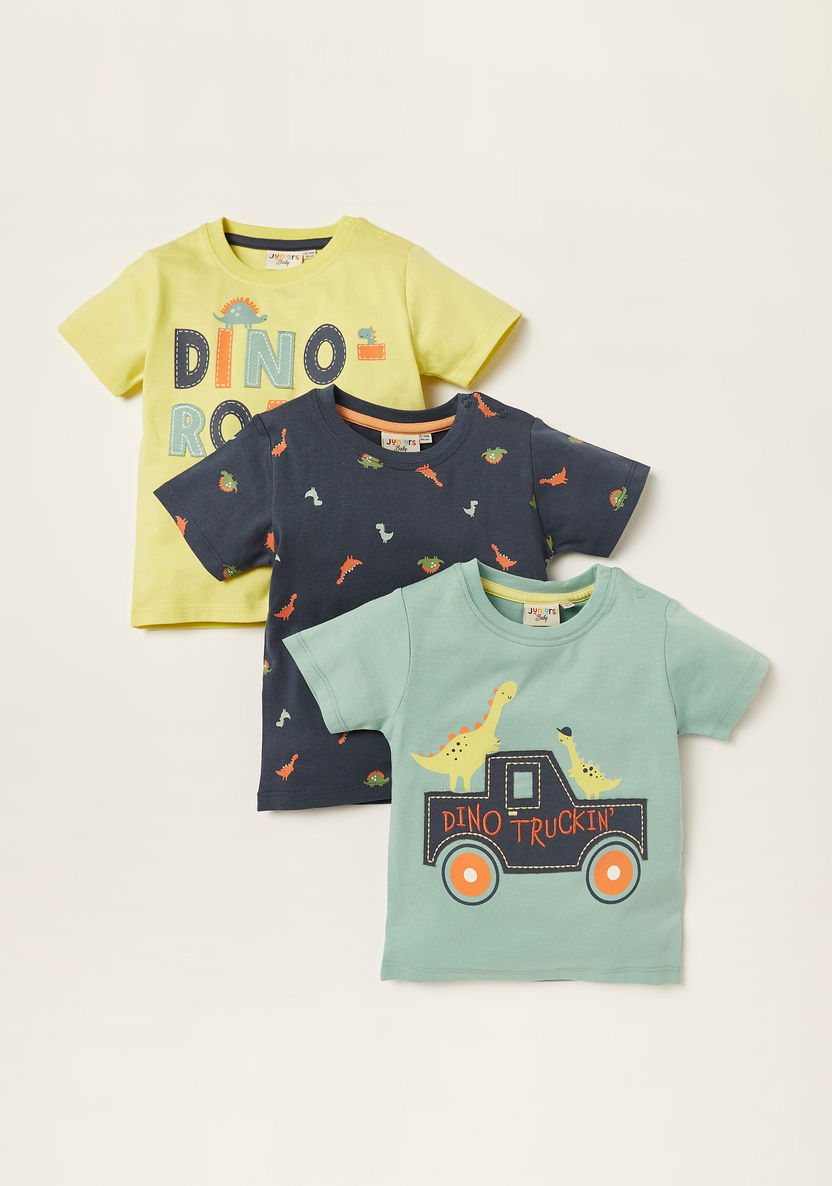 Juniors Dino Print Crew Neck T-shirt with Short Sleeves - Set of 3-Multipacks-image-0
