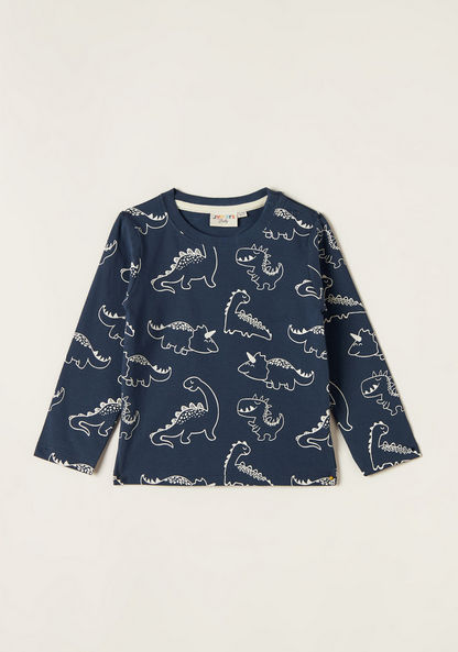 Dinosaur Print T-shirt with Crew Neck and Long Sleeves-T Shirts-image-0
