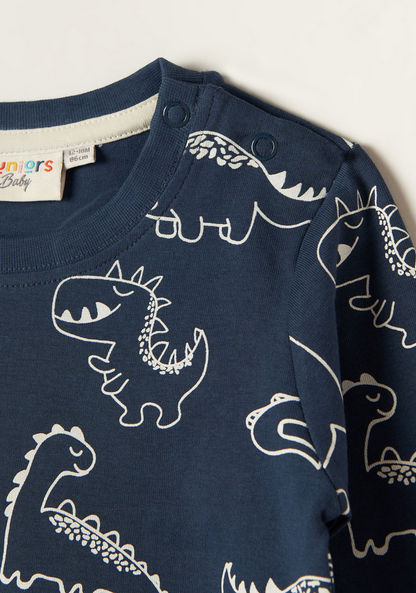 Dinosaur Print T-shirt with Crew Neck and Long Sleeves