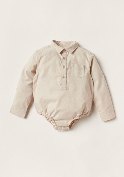 Solid Long Sleeves Shirt Style Bodysuit with Button Closure and Roll-Up Tab-Bodysuits-image-0