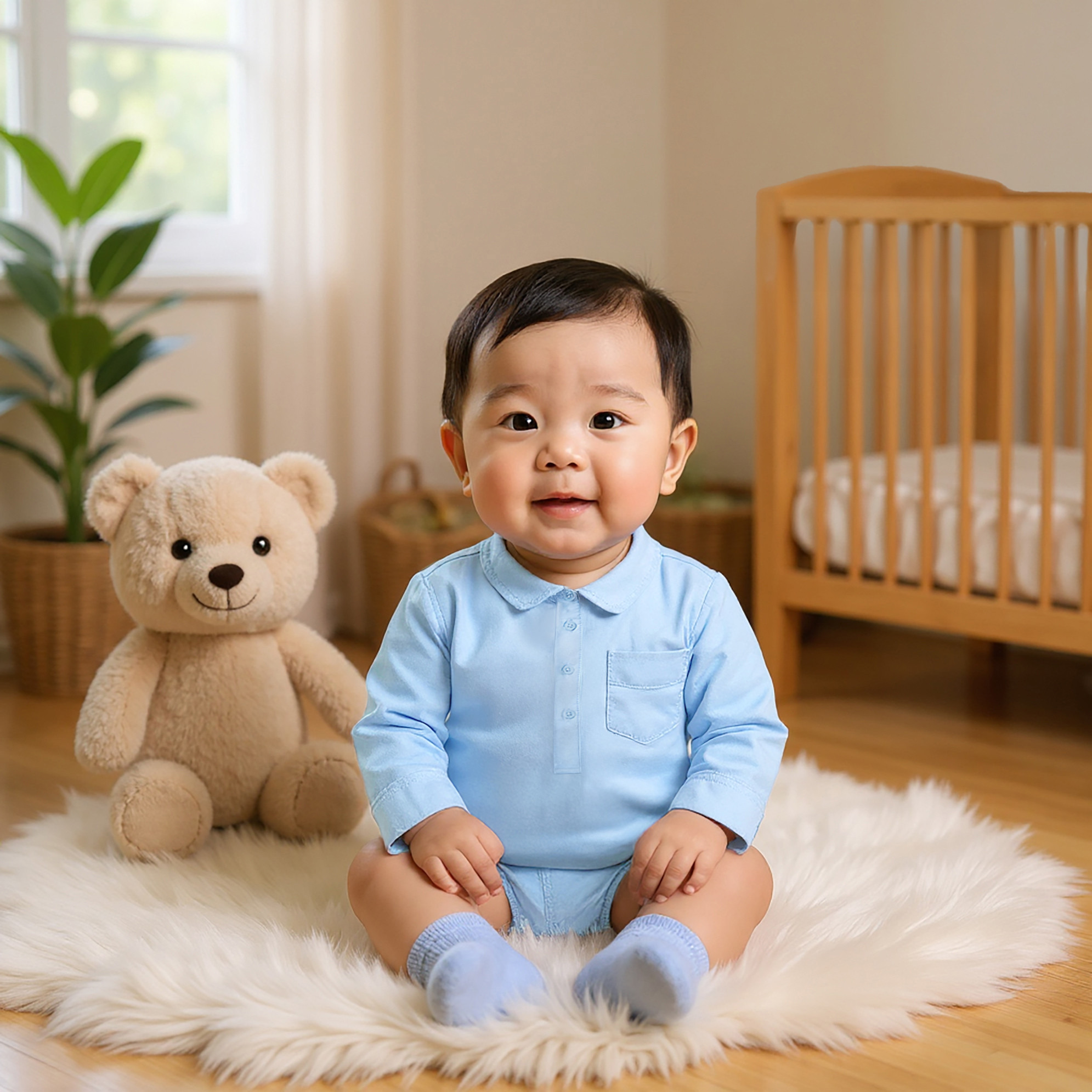 Solid Long Sleeves Shirt Style Bodysuit with Button Closure and Roll-Up Tab-baby-boys-clothing-shirts-image-6