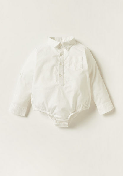 Juniors Solid Collared Bodysuit with Long Sleeves and Pocket