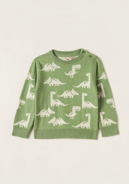 Juniors All Over Dinosaur Print Round Neck Sweater with Long Sleeves-Sweaters and Cardigans-image-0