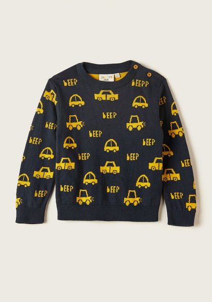 Juniors Car Print Long Sleeves Sweater with Crew Neck and Button Closure