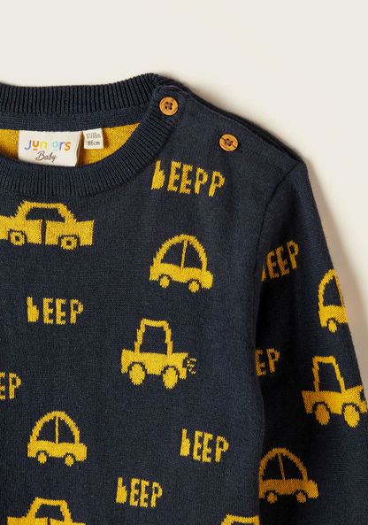 Juniors Car Print Long Sleeves Sweater with Crew Neck and Button Closure