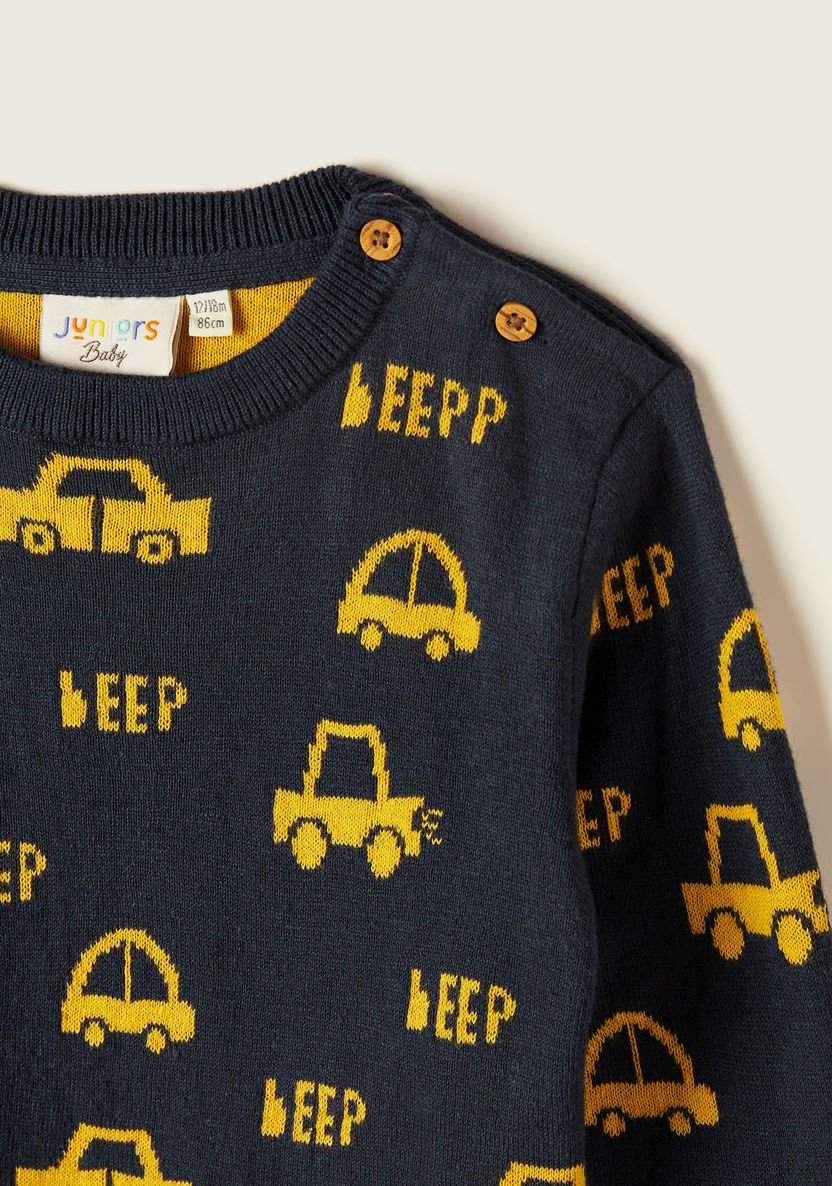 Juniors Car Print Long Sleeves Sweater with Crew Neck and Button Closure-Sweaters and Cardigans-image-1