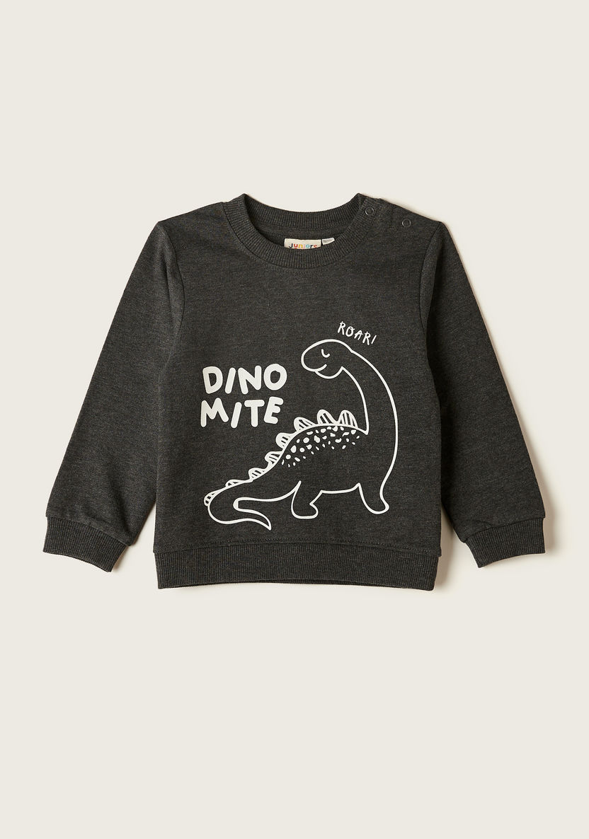 Juniors Dinosaur Print Sweatshirt with Crew Neck and Long Sleeves-Sweaters and Cardigans-image-0