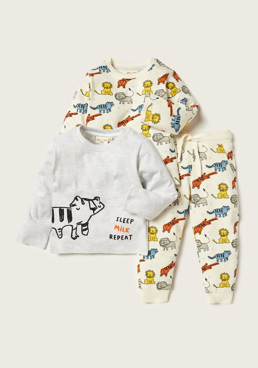 Juniors 3-Piece Printed Round Neck Sweatshirt and Joggers Set-Clothes Sets-image-0