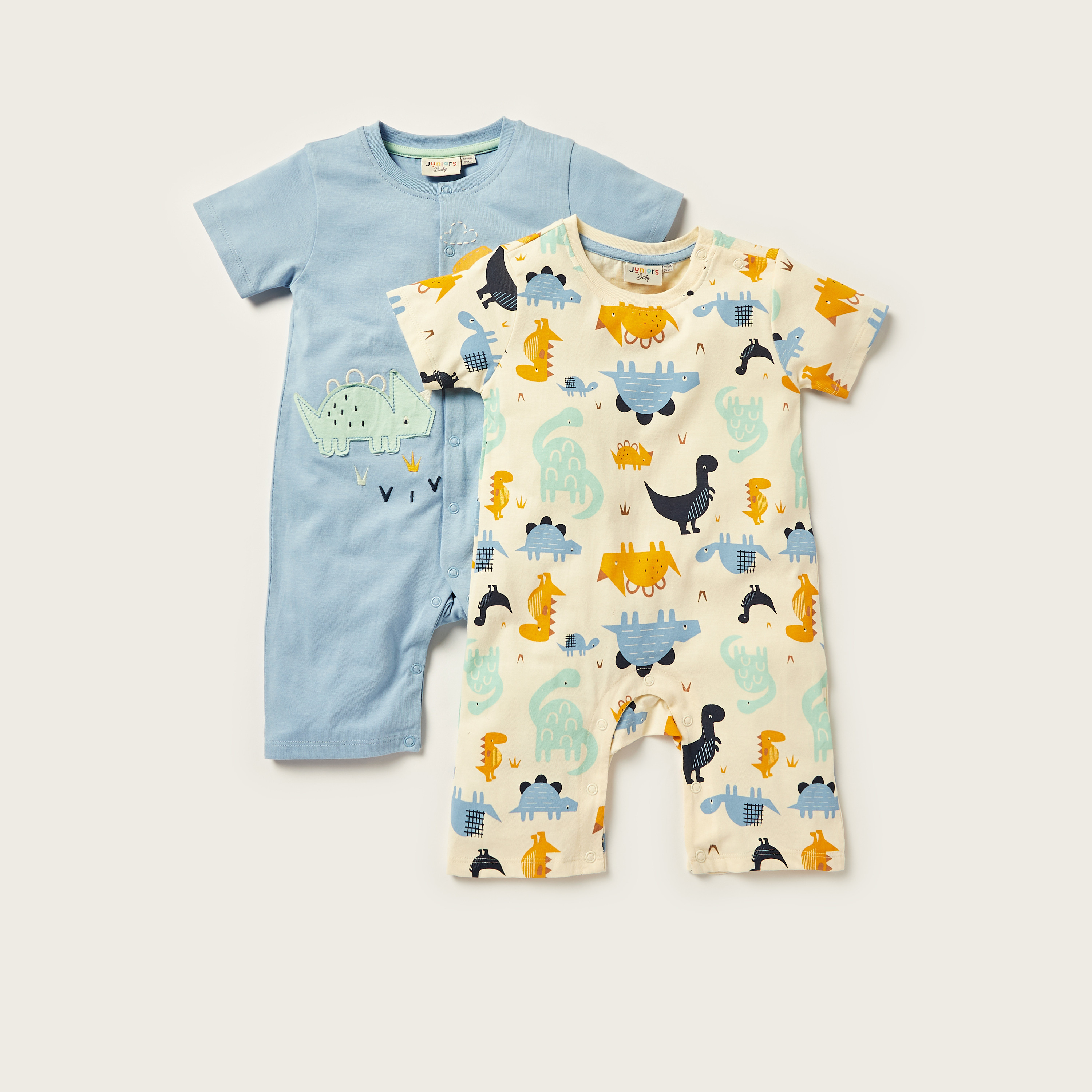 Juniors Dino Print Romper with Crew Neck and Short Sleeves-baby-boys-clothing-winterwear-rompers-image-1