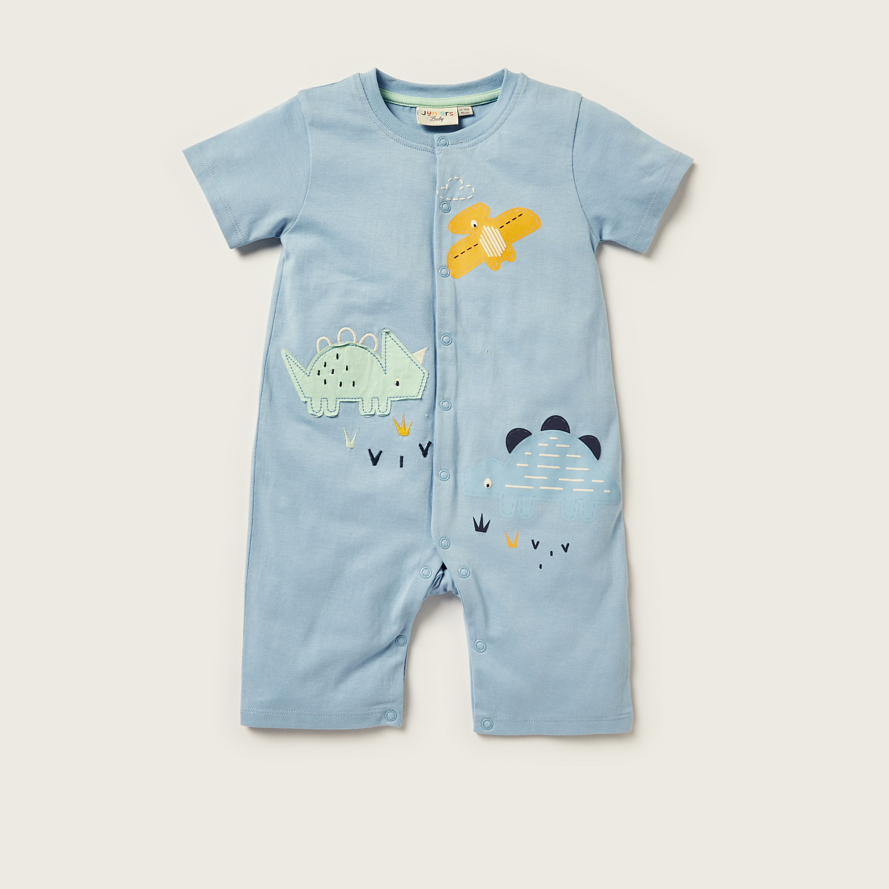 Juniors Dino Print Romper with Crew Neck and Short Sleeves-baby-boys-clothing-winterwear-rompers-image-2