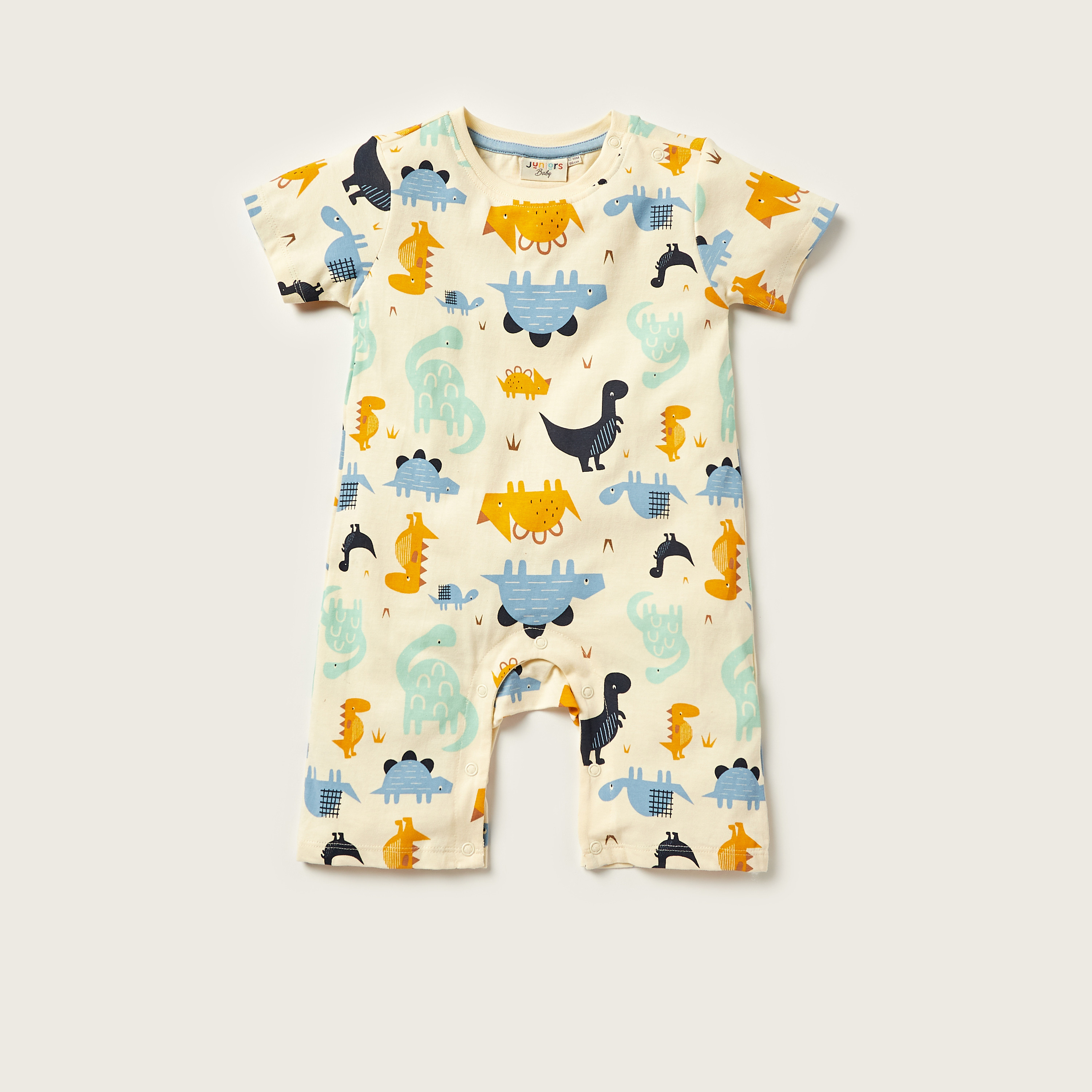 Juniors Dino Print Romper with Crew Neck and Short Sleeves-baby-boys-clothing-winterwear-rompers-image-3