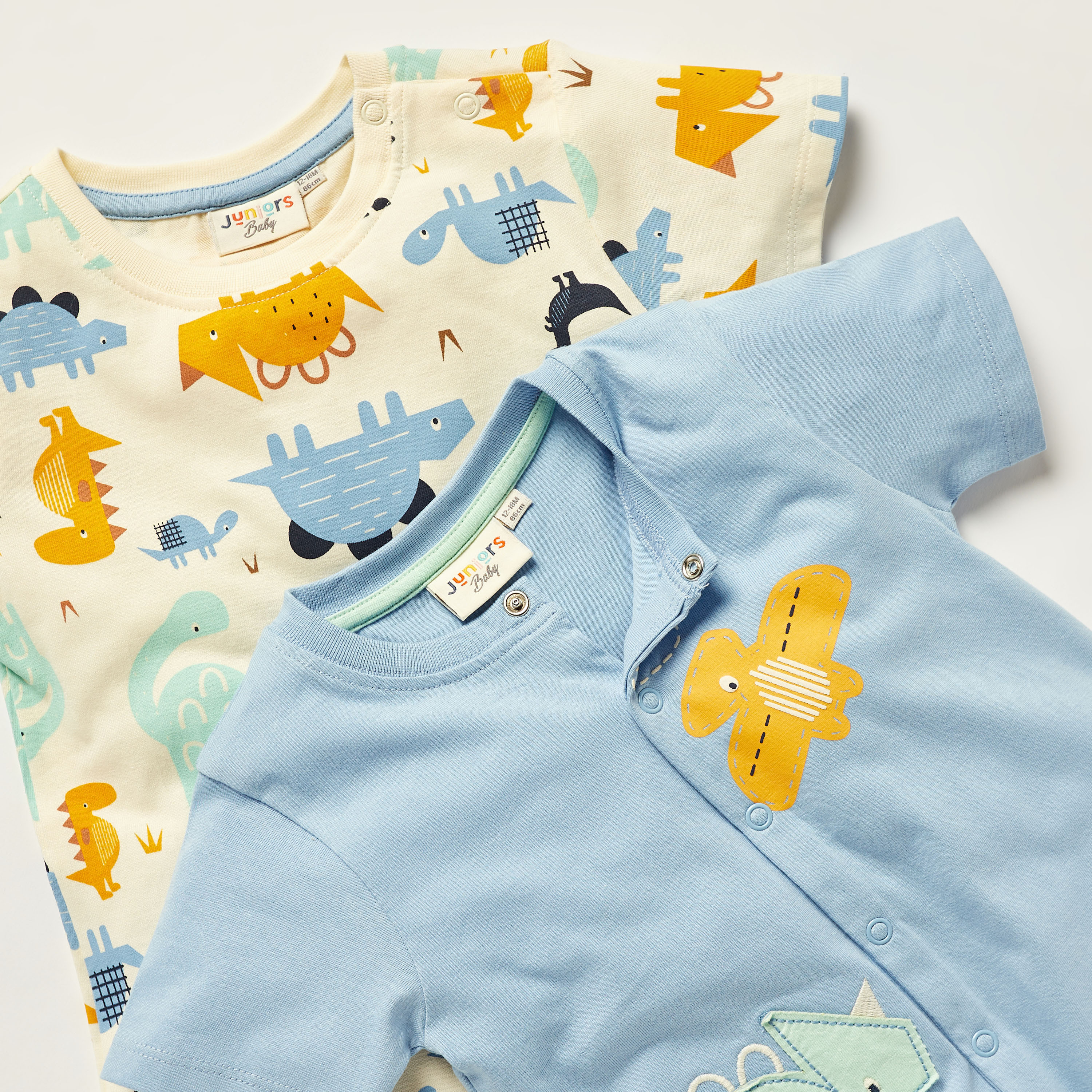 Juniors Dino Print Romper with Crew Neck and Short Sleeves-baby-boys-clothing-winterwear-rompers-image-4