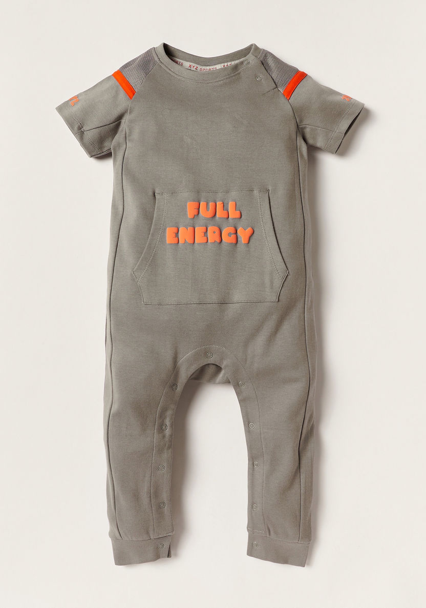 XYZ Typographic Print Romper with Kangaroo Pocket and Short Sleeves-Rompers, Dungarees & Jumpsuits-image-0