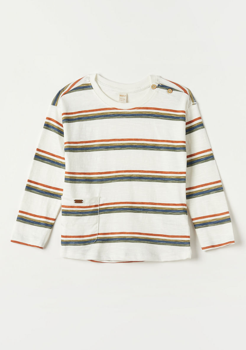 Giggles Striped T-shirt with Round Neck and Long Sleeves-T Shirts-image-0
