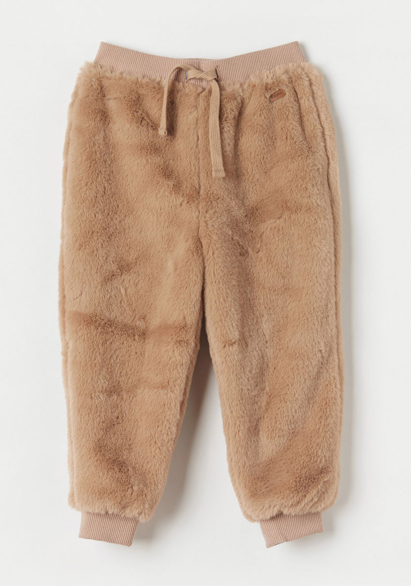 Giggles Textured Joggers with Drawstring Closure and Faux Fur Detail-Joggers-image-0