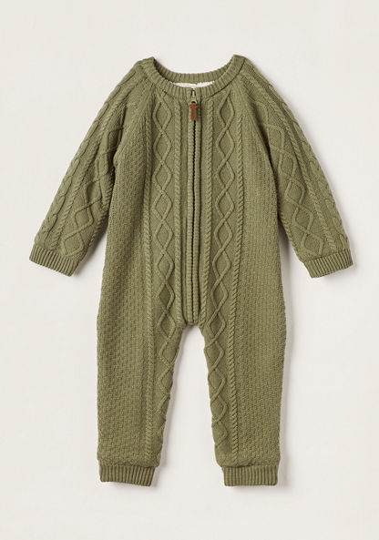 Giggles Textured Romper with Long Sleeves and Zip Closure-Rompers%2C Dungarees and Jumpsuits-image-0