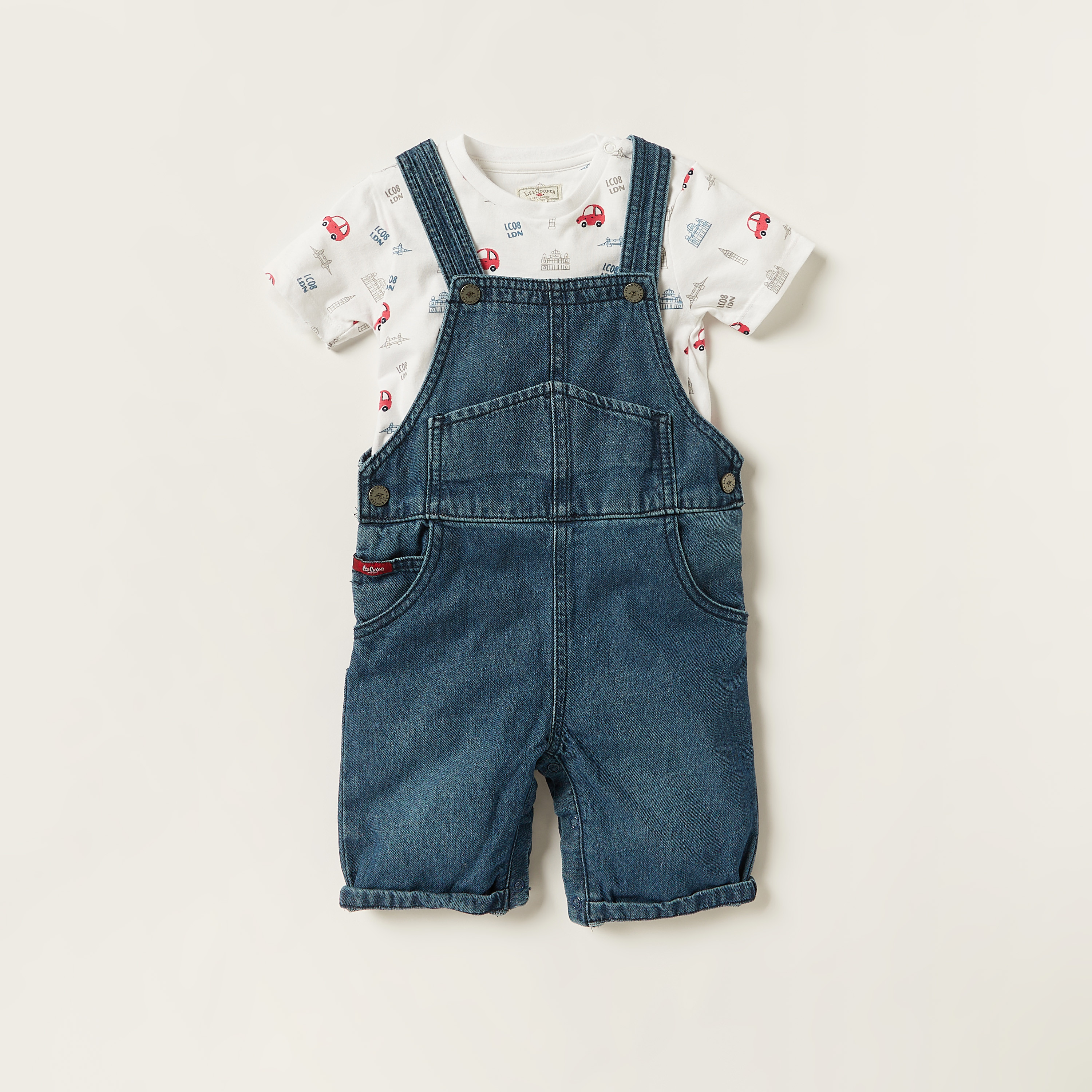 Lee Cooper Printed Round Neck T-shirt and Denim Dungarees Set-baby-boys-clothing-setsandcoords-image-1