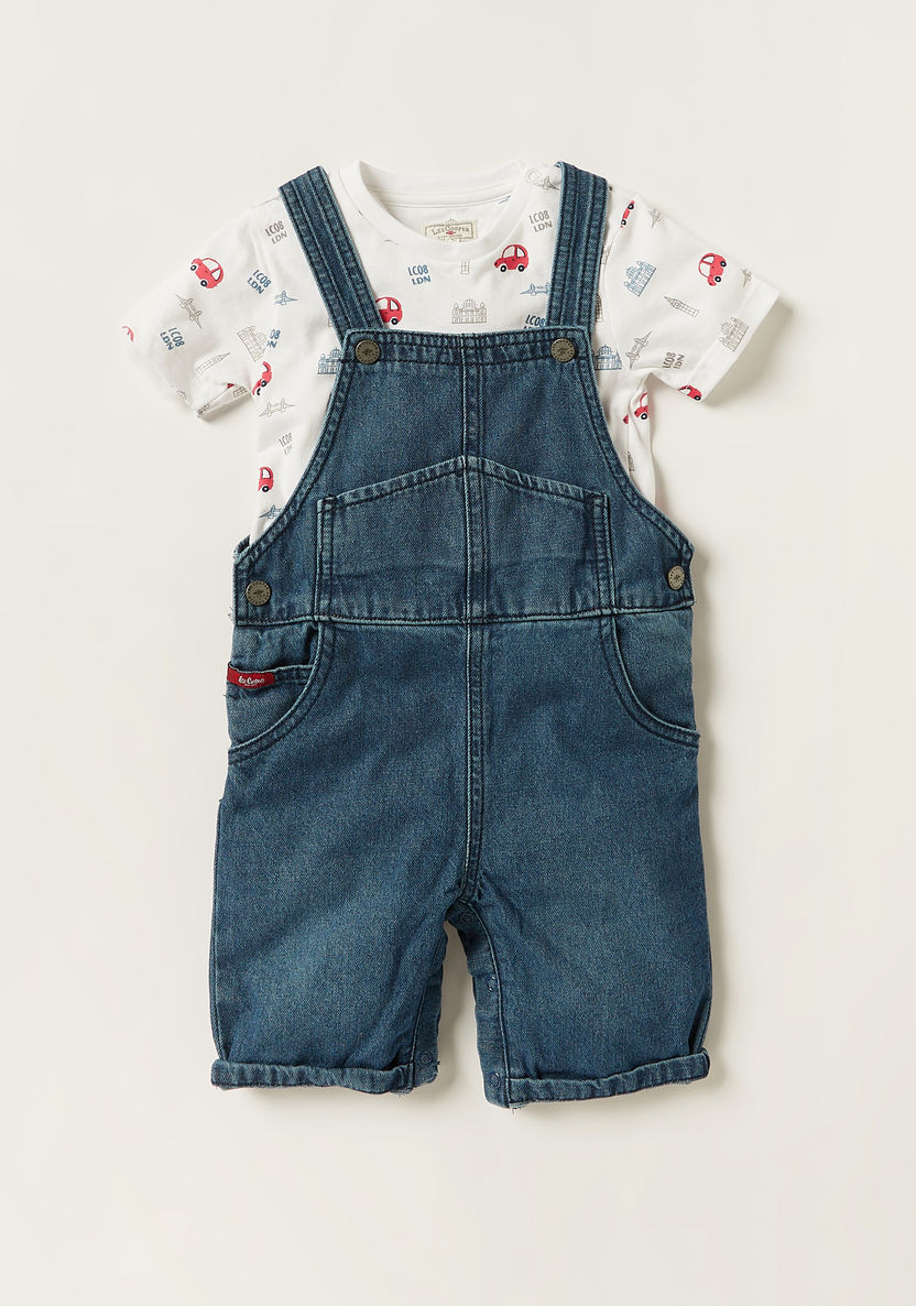 Lee Cooper Printed Round Neck T-shirt and Denim Dungarees Set-Clothes Sets-image-0