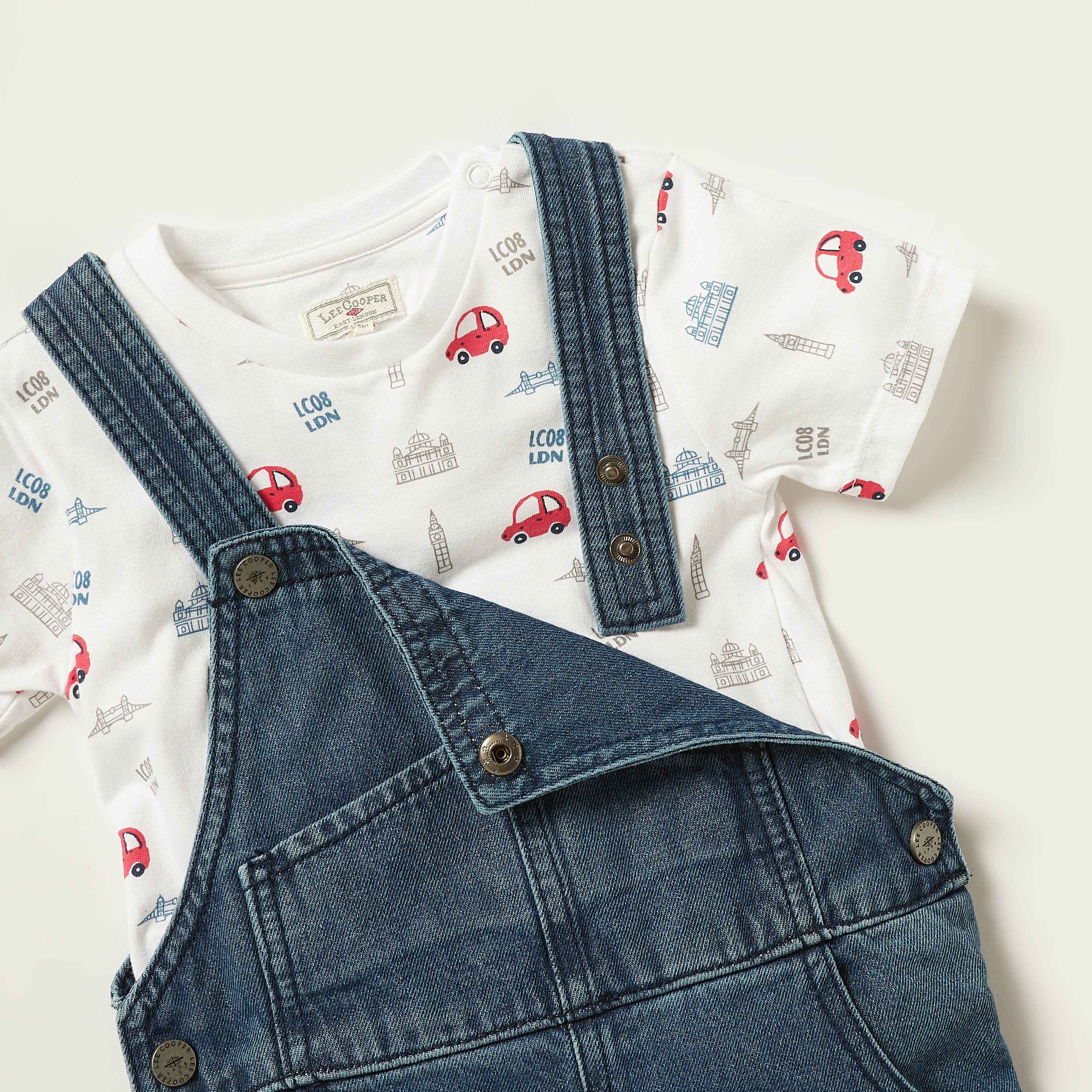 Lee Cooper Printed Round Neck T-shirt and Denim Dungarees Set-baby-boys-clothing-setsandcoords-image-4