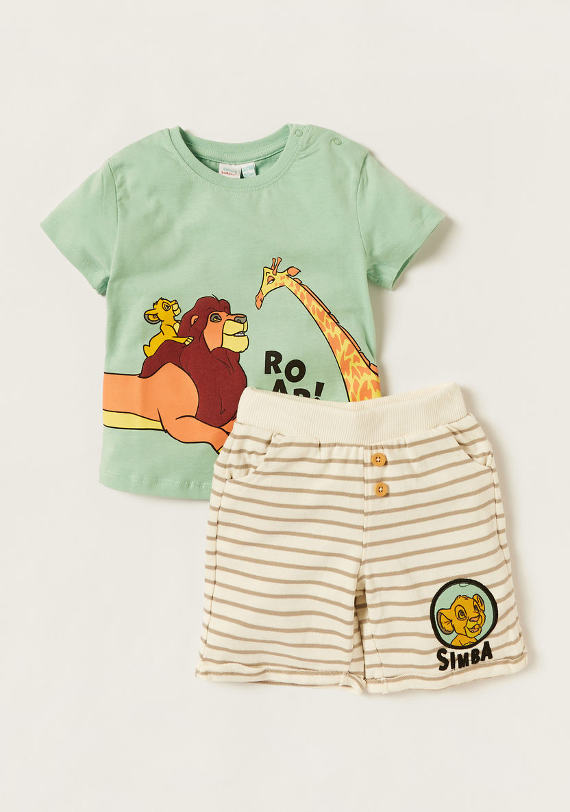 Disney Lion King Print T-shirt and Striped Shorts Set-Clothes Sets-image-0