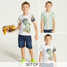 Juniors Dinosaur Print Crew Neck T-shirt with Short Sleeves - Set of 2