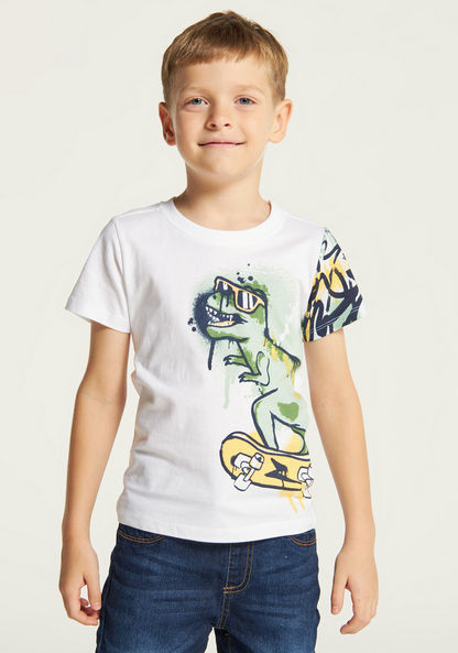 Juniors Dinosaur Print Crew Neck T-shirt with Short Sleeves - Set of 2-T Shirts-image-3